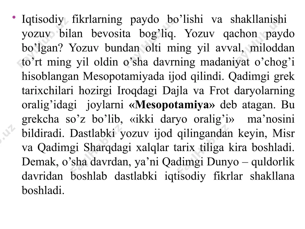 lik hisoblanib, u chandragupta i podshohligi davrida podsho maslahatchisi kautile bishnugupta tomonidan yozilgan. “artxashastra” dagi asosiy g‘oyalar (m.a. iv asr) dehqon, hunarmand mehnati va savdo faoliyati davlat uchun boylik yaratadi; davlat bozor bahosini tartibga solib turishi lozim; sug‘orish tizimlarini qurish hosilning manbai hisoblanadi; davlat yangi mintaqalarni tashkil etish va odamlarni u yerlarga o‘rnashtirish ishlarini amalga oshirishi lozimligi ko‘rsatiladi; podshoh to‘rtta ilmni bilishi zarurligi, ularning biri iqtisodiyot ekani ta’kidlanadi; iqtisodiyot dehqonchilik, chorvachilik va savdo faoliyatlari tarzida ko‘rib chiqiladi; mamlakatda o‘z davridan kelib chiqib, qishloq xo‘jaligi, ayniqsa, dehqonchilik asosiy soha hisoblangan. qadimgi xitoydagi iqtisodiy qarashlar 1.5. qadimgi xitoydagi iqtisodiy qarashlar konfutsiy(miloddan avvalgi 551 y.) asosiy vakil va oqimlar men-szi (miloddan avvalgi 372-229 yy.) syun-szi (miloddan avvalgi 313-238 y.) legistlar (qonuniy) oqimi (miloddan avvalgi 351 yy.) guan-szi (miloddan avvalgi iv asr) “daosizm” (aynan yo’l) (miloddan avvalgi iv asr) patriarxal munosabatlarni reglamentlashtirish davlat tuzumini mustahkamlashga xizmat qiladi. davlat-bu katta oila, podsho esa “xalqlarning otasi” …