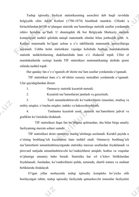 sus usullardan foydalanadi va pirovard natijada umumlashtiruvchi ko’rsatkichlarni aniqlab, hodisa va voqealar to’plamiga umumiy baho beradi. statistika har xil o’lchov birliklaridan foydalanadi. jumladan, ko’rsatkichlarni pulda, naturada, shartli natura va mehnat birliklarida ifodalaydi. o’tgan yillar mobaynida tashqi iqtisodiy kompleks bo’yicha olib borilayotgan ishlar, tashqi iqtisodiy faoliyatda qatnashuvchi tomonlar faoliyatini bozor iqtisodiyoti printsiplari hamda ularni liberalizatsiyalashtirish asosida olib borildi. chet el mamlakatlari bilan iqtisodiy savdo munosabatlari, hamda xalqaro iqtisodiy va moliyaviy tashkilotlar bilan hamkorlikni yanada chuqurlashtirish, mustahkamlash borasida olib borilayotgan ishlar yanada jadallashtirildi. mamlakatning 2009 yildagi jami tashqi savdo oboroti 6689,2 mln. dollarni, ya’ni 2008 yilga nisbatan 17,3%ga oshdi. uzoq chet el mamlakatlari bilan tashqi savdo oboroti 54,3%ga oshib 3392,8 mln. dollar, mxd va baltika davlatlari bilan esa 15,4%ga oshib 2105,4 mln. dollarni tashkil qildi. 2009 yil natijalariga ko’ra tashqi savdo bozori balansi manfiy saldosi 167,0 mln. dollar yoki 2008 yilga nisbatan 135,8 mln. dollarga oshdi. bu esa eksport-import jarayonlarining o’zbekiistonda samarali …