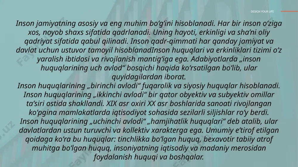 asoslari. – toshkent, 2020. 4. qodirov s. huquqshunoslik asoslari. – toshkent, 2018. 5. islomov b. jamiyatshunoslik. – toshkent, 2017. 6. international human rights law texts (bmt hujjatlari to‘plami). 7. karimov i. o‘zbekistonning huquqiy taraqqiyoti va inson huquqlari. – toshkent, 2015. design your life image1.jpeg image5.png image4.png image6.png image7.jpeg image8.jpeg