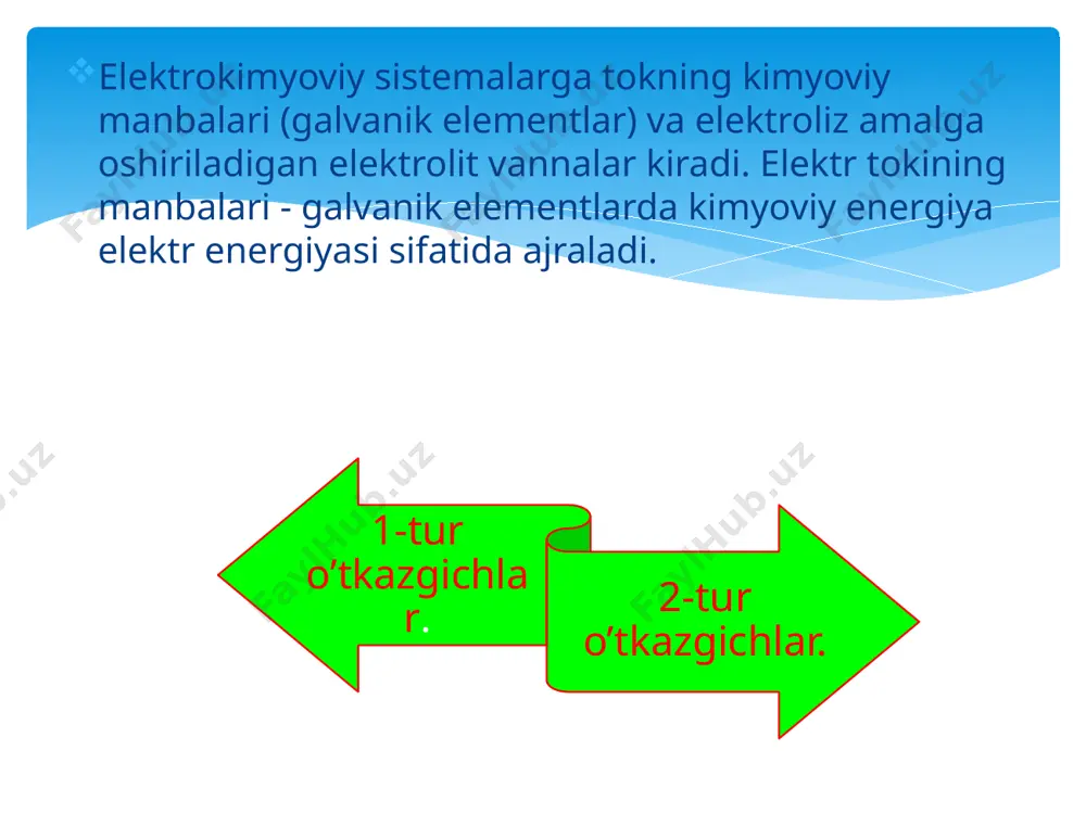 ardan tashkil topadi va elektr tokini o’tkazdi. barcha biologik suyuqliklar va to’qimalar ma’lum darajada elektr o’tkazuvchanlikka ega. shuning uchun tibbiyotda elektrodiagnostika va elektr toki bilan davolash usullari keng qo’llanadi. ularga elektrodiagramma, ensefologramma, davolash elektroforezi, elektroosmos, galvanizatsiya, elektrosimmulatsiya kiradi. kislota-asosli muvozanatning siljishi fermentlar ta’siri va hujayrada modda almashinuviga ta’sir ko’rsatadi; hujayra orqali o’zgarmas tok o’tishi diffuziya, osmos kabi jarayonlarda ishtirok etadi; retseptorlarga ta’sir ko’rsatadi, asab yo’llari bo’ylab bosh miya po’stloq qismiga yetib boradi va javoban organizmni fiziologik reaksiyalarini chaqiradi; asab tolalari orqali tok o’tganda ularning qo’zg’aluvchanligi ortadi( elektronus); to’qimalar qo’zg’aluvchanligini oshiradi, og’riqlarni kamaytiradi. konduktometriya! eritmalarning elektro‘tkazuvchanligini o‘lchab biron-bir fizik-kimyoviy kattalikni aniqlash konduktometriya usuli deb ataladi. konduktometriyadan dissotsiatsiya darajasi va konstantasini aniqlash uchungina emas, balki eritmalardagi elektrolitlarning konsentratsiyasini, ularning eruvchanligini; kislotalarning asosligini aniqlash uchun ham foydalaniladi. konduktometrik titrlash usuli katta amaliy ahamiyatga ega. bu usul kislota (yoki asos) lar eritmalarida yaxshi elektr o‘tkazuvchanlikka sabab bo‘ladigan juda harakatchan h+ (yoki oh- ) ionlarining …
