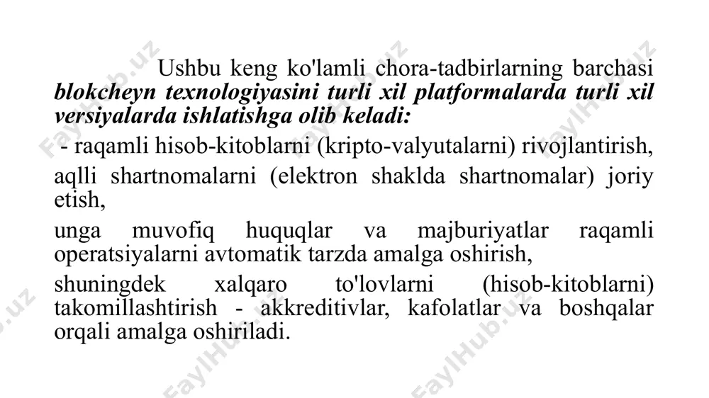 xususiyati uning tuzilishidir. barcha bloklarning to’liq nusxasi tarmoqning teng tarmoqlarida- uning a’zolari kompyuterlarida joylashgan. har bir yangi qurilma barcha tarmoq tugunlari tomonidan o’rnatilgan qoidalarga muvofiqligi uchun sinovlanadi. shuning uchun, agar scammer tarmoqni “aldashga” harakat qilsa va oldindan sarflangan pullarni o’zlashtirmoqchi bo’lsa, unda barcha bloklarni tarmoq bloklarining 51% da o’zgartirish kerak bo’ladi. ayni paytda, bu natija nafaqat o’zi uchun to’lamaydigan asbob-uskunalarni ijaraga berish uchun naqd xarajatlarni talab qiladi. aynan ushbu kompyuterlarda ushbu ma’lumotning ko‘plab nusxalari saqlanadi — ular bilan istalgan foydalanuvchi istalgan vaqtda tanishishi mumkin. jo‘natma jarayoni markazlashmagan holda bor-yo‘g‘i bir necha daqiqa vaqt oladi va bank jo‘natmasidan bir necha o‘n marta arzondir. agar siz pullarni yoki qandaydir ma’lumotni blokcheynda saqlasangiz, ushbu qaydlar hech qachon yo‘qolib ketmaydi yoki soxtalashtirilmaydi. bozorning istalgan ishtirokchisi istalgan daqiqada moliyaviy ahvolingizga ishonch hosil qilishi mumkin. blokchenda hech qanday uchinchi tomon yoki vositachi ishtirokisiz, to‘liq shaffoflik va hisoblar aniqligining matematik kafolati ta’minlab beriladi 16 blokcheyn tizimini asosiy …