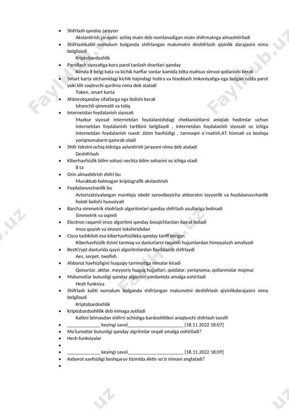 ligini tekshirish muolajasi 1. kiriptografiyada matn bu alifbo elementlarini tartiblangan toplami 1. dasturiy taminotlar xavfsizligi bilim sohasi bu foydalanilayotgan tizim yoki ahborot havfsizligini taminlovchi dasturiy taminotlarni ishlab chiqish va foydalanish jarayoniga etibor qaratadi 1. shifrlash qanday jarayon akslantirish jarayoni ochiq matn deb nomlanadigan matn shifrmatnga almashtiriladi 1. shifrlashkaliti nomalum bolganda shifrlangan malumotni deshifrlash qiyinlik darajasini nima belgilaydi kriptobardoshlik 1. parollash siyosatiga kora parol tanlash shartlari qanday kimda 8 belgi kata va kichik harflar sonlar kamida bitta mahsus simvol qollanishi kerak 1. smart karta olchamidagi kichik hajmdagi hotira va hisoblash imkoniyatiga ega bolgan ozida parol yoki klit saqlovchi qurilma nima deb ataladi token, smart karta 1. ahborotqanday sifatlarga ega bolishi kerak ishonchli qimmatli va toliq 1. internetdan foydalanish siyosati mazkur siyosat internetdan foydalanishdagi cheklanishlarni aniqlab hodimlar uchun internetdan foydalanish tartibini belgilaydi , internetdan foydalanish siyosati oz ichiga internetdan foydalanish ruxsti ,tizim havfsizligi , tarmoqni o`rnatish,at hizmati va boshqa yoriqnomalarni qamrab oladi …