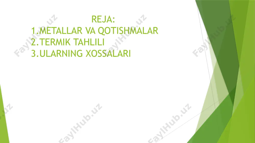 0,5% mn va boshqalar bardoshli, yengil aviatsiyada, velosiped qismlari va boshqalar jez 60 – 90% cu 40 – 10% zn yemirilishga barqaror, egiluvchanligi yuqori mashina ishlab chiqarishda, kimyo sanoatida, xoʻjalik buyumlar ishlab chiqarishda melxior 70 – 80% ni 18 – 30% cu, fe, mn aralashmasi yemirilishga barqaror, koʻrinishi chiroyli yaltiroq tibbiy texnika, turmushda qoʻllaniladigan idishlar, zargarlik buyumlari monel-metall 65 – 70% ni 30% cu, fe, mn aralashmalari yemirilishga barqaror, ishqalanishga chidamli kimyo, neft sanoatida, tibbiyotda, kema, moneta yasashda ishlatiladi nixrom ni, cr, fe, mn yuqori elektrli toʻsiq, yuqori haroratga chidamli elektr qizdirish elementlari zanglamaydigan poʻlat 60 – 80% fe 10 – 20% cr 8 –20% ni va boshqalar mexanik barqarorlik, yemirilishga barqaror xirurgiya asboblari, idish-tovoqlar metall tarkibini tahlil qilish metalllar temir yoki qo'rg'oshin kabi minerallar bo'lib, ular er osti jinslaridagi ma'dan sifatida topiladi. ular yirik sanoat jarayonlari va turli usullar bilan toshlardan olinadi va ko'plab sohalarda qo'llaniladi. metalllarning asosan uchta …