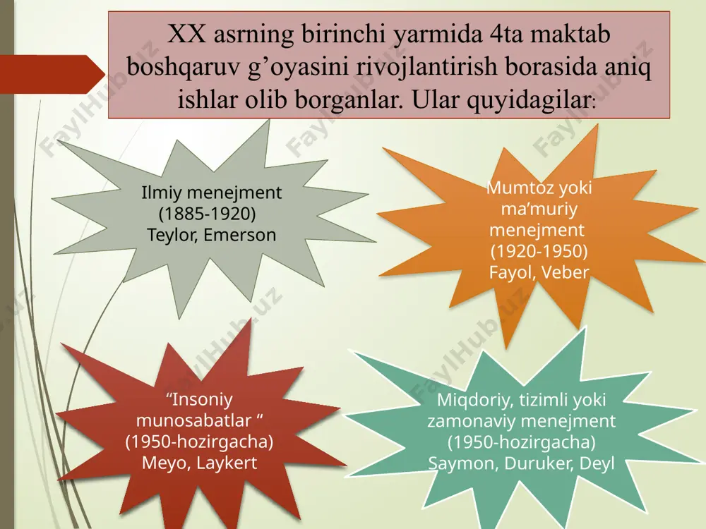 o’lib, uning asosiy vazifasi o’quvchilarga boshqaruvning zamonaviy usullarini rahbarlik san’ati sirlarini o’rganishdan iborat. menejment fanining boshqaruv usullari: 2. komp-leksli yonda-shuv 3. tarkibiy yonda-shuv 4. vaziyat-li yon-dashuv 10. sotsio-logik kuzatuv usuli 8. kuza-tish usuli 6. model-lashtirish usuli 5. integratsion yonda-shuv 9. tajriba usuli 7. iqtisodiy-matema-tik yon-dashuv 1. tizimli yonda-shuv image1.jpeg /docprops/thumbnail.jpeg