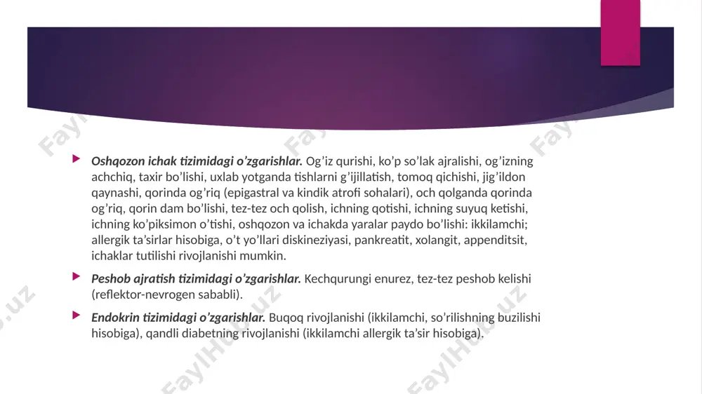 mlar kam uchraydi. ular asosan anus atrofida bo’lishadi, shu sababli tampon bilan anal teshigi atrofidan qirma olish va plastinka usulida aniqlash yaxshi natija beradi. davo piperazin 5 kunlik, 7 kunlik sxemada beriladi. mebendazol (vermoks) bolaning vazni va yoshiga mos qilib berilsa, yaxshi natija beradi. bir oy davomida gigiyenik tadbirlar olib borilganda ham gijjalardan xalos bo’lish mumkin. sababi, gijjalarning ichakda yashash davri 27-28 kunni tashkil qiladi. qayta urug’lar tushishining oldi olinsa, o’z-o’zidan davolanish kuzatiladi. soruvchilar tenioz etiologiyasi. qo’zg’atuvchisi taenia solium - chuchqa solityoridir. bu lentasimon gijja 1000 ga yaqin bo’lakchalardan tashkil topgan bo’lib, har bir bo’lakchasida 145000-175000 tagacha urug’i bo’ ladi . bo’yi 1-2 metrgacha bo’ladi. tumshug’ida 4 ta so’rg’ichi va 20-30 ta ilmog’i bo’ladi. qurollangan gijja hisoblanadi. epidemiologiyasi. kasallik manbai va gijjaning oxirgi xo’jayini odam hisoblanadi. balog’atga yetgan gijjalardan vaqti-vaqti bilan yetilgan bo’lakchalar ajralib, axlat orqali tashqariga chiqariladi. bu gijjaning oraliq xo’jayini asosan uy cho’chqalari, itlar, mushuklar va odam ham …