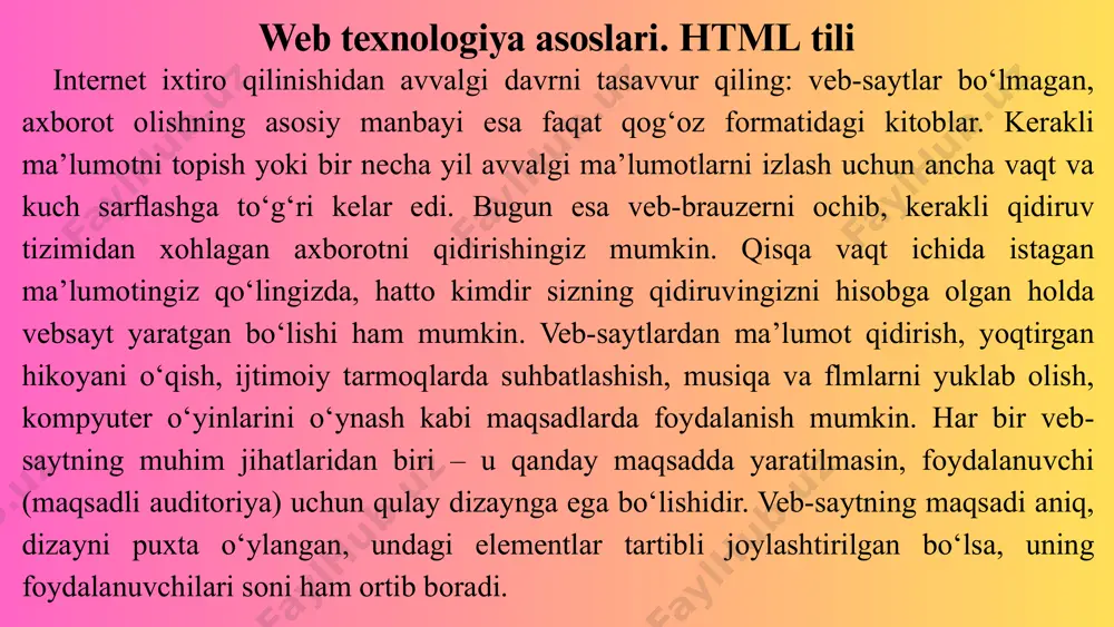 rda aks etib turgan axborot yonidagi ikkinchi kompyuterda yoki dunyoning boshqa bir burchagidagi serverda joylashgan bo‘lishi mumkin. birinchi serverda joylashgan veb-sahifaga boshqa serverdagi rasmni uning to‘liq manzilini ko‘rsatgan holda joylashtirish mumkin. wwwdagi veb-sahifani yaratishda kodlash tili htmldan foydalaniladi. html (ingl. hyper text markup language – gipermatnli belgilash tili) – veb-sahifa kontentini oddiy matn yordamida aks ettiruvchi maxsus kod. html tili belgi va qoidalar tо‘plamidan iborat standart til bo‘lib, so‘nggi versiyasi html5 deb nomlanadi. veb-sahifa tuzilishini yaratish uchun html-kodni yozishda „teglar“dan foydalaniladi. bu teglar veb-sahifadagi matn va rasmlar veb-brauzerda qanday aks etishini anglatadi. brauzerlar html-kodni о‘qiydi va kontentni aks ettiradi, lekin teglarni ko‘rsatmaydi. html – veb-sahifalar yaratish uchun standart belgilash tili: • html belgilash kodlari yordamida veb-sahifa tuzilishini ifodalaydi. • html elementlari veb-sahifaning qurilish bloklari hisoblanadi. • html elementlari teglar bilan ifodalanadi. • html teglari sarlavha, xatboshi, ro‘yxat kabi tarkibiy qismlardan iborat. har bir veb-sahifa aslida html fayl hisoblanadi. u oddiy …