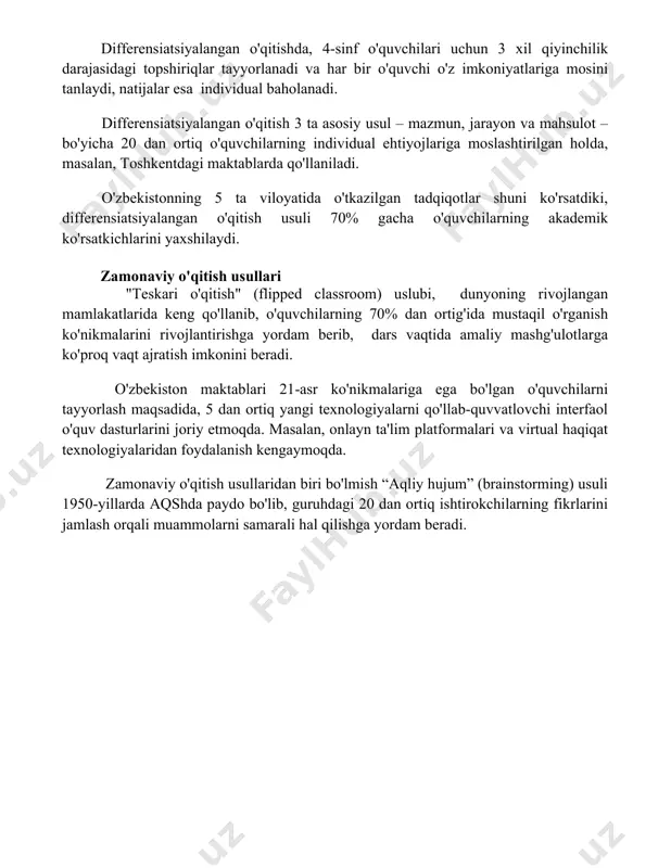 gi maktablarda qo'llaniladi. o'zbekistonning 5 ta viloyatida o'tkazilgan tadqiqotlar shuni ko'rsatdiki, differensiatsiyalangan o'qitish usuli 70% gacha o'quvchilarning akademik ko'rsatkichlarini yaxshilaydi. zamonaviy o'qitish usullari "teskari o'qitish" (flipped classroom) uslubi, dunyoning rivojlangan mamlakatlarida keng qo'llanib, o'quvchilarning 70% dan ortig'ida mustaqil o'rganish ko'nikmalarini rivojlantirishga yordam berib, dars vaqtida amaliy mashg'ulotlarga ko'proq vaqt ajratish imkonini beradi. o'zbekiston maktablari 21-asr ko'nikmalariga ega bo'lgan o'quvchilarni tayyorlash maqsadida, 5 dan ortiq yangi texnologiyalarni qo'llab-quvvatlovchi interfaol o'quv dasturlarini joriy etmoqda. masalan, onlayn ta'lim platformalari va virtual haqiqat texnologiyalaridan foydalanish kengaymoqda. zamonaviy o'qitish usullaridan biri bo'lmish “aqliy hujum” (brainstorming) usuli 1950-yillarda aqshda paydo bo'lib, guruhdagi 20 dan ortiq ishtirokchilarning fikrlarini jamlash orqali muammolarni samarali hal qilishga yordam beradi. 📌xulosa o'qitish usullarining tasnifi turli xil pedagogik yondashuvlarning mavjudligini va ularning o'quv jarayonining samaradorligiga ta'sirini ko'rsatadi. tanlangan usul o'quv maqsadlariga, o'quvchilarning yoshi va bilimlariga mos kelishi zarur. shuning uchun, o'qituvchi turli usullarni o'zaro uyg'unlashtirib qo'llashi maqsadga muvofiq. 📚foydalanilgan adabiyotlar 1. bloom, …