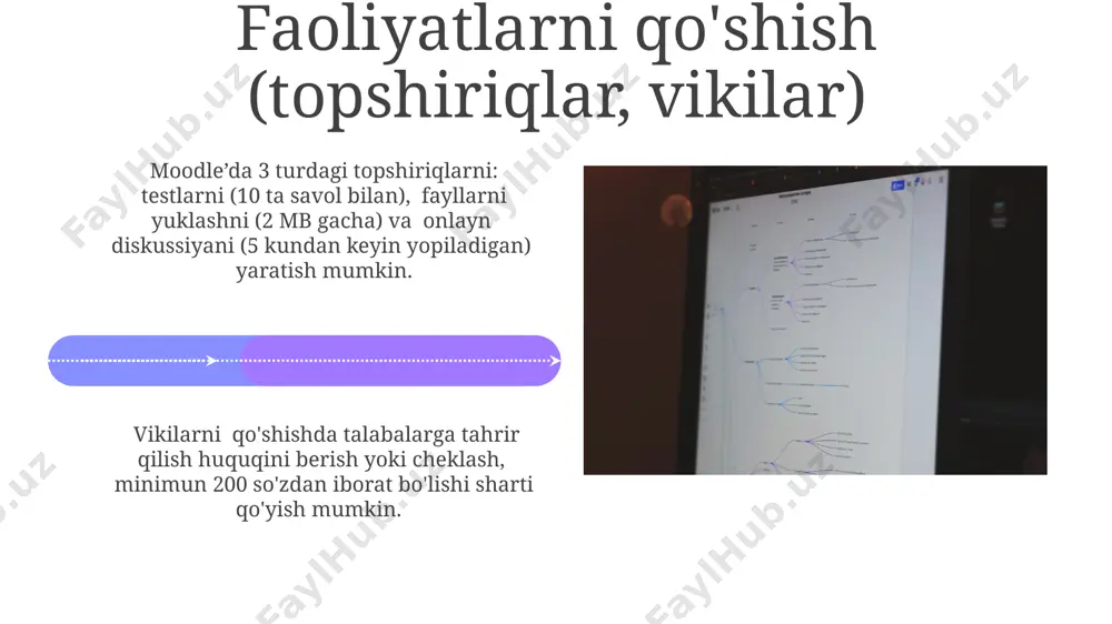 alarning muloqot uslubini boshqarishga yordam beradi. kursga ishtirokchilarni qo'shish kursga 100 tagacha talabani qo'lda qo'shish mumkin, ularning har biri uchun login va parolni alohida kiritish kerak bo'ladi. bu katta guruhlar uchun vaqt talab qiluvchi jarayon bo'ladi. moodle tizimi csv fayllar orqali bir vaqtning o'zida 500 dan ortiq ishtirokchini avtomatik ravishda qo'shish imkonini beradi, bu esa vaqtni sezilarli darajada tejaydi. kerakli formatdagi faylni tayyorlash zarur. kursga temadan foydalanish har bir mavzu uchun kamida 2ta baholash usuli (masalan, testlar, insholar, loyihalar)ni qo'llash va ularga 100 balldan 30-40 ballgacha bo'lgan og'irliklarni berish orqali kursning yakuniy bahosini aniqlash mumkin. kursga 3 dan ortiq turli mavzularni qo'shish, ularni mantiqiy ketma-ketlikda joylashtirish va har bir mavzuning o'ziga xos vazifalarini (masalan, viktorinalar, topshiriqlar) belgilash samaradorlikni oshiradi. e'tiboringiz uchun rahmat @taqdimot_robot image4.jpg image5.jpg image6.jpg image7.jpg image8.jpg image9.jpg image10.jpg image11.jpg image12.jpg image13.jpg image14.jpg image15.jpg image16.jpg image17.jpg image18.jpg image19.jpg image20.jpg image1.jpeg image2.jpeg image3.jpeg