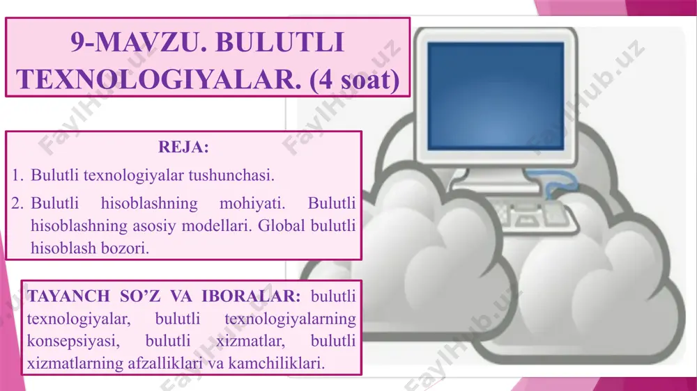 dell, at&t, rackspace ) va muayyan muammolarni hal qilish uchun bulutli manbalarni taqdim etuvchi tashkilotlar (engine yard, gcloud3, orangescape) bilan to‘ldirilib, tez sur’atlar bilan rivojlana boshladi. 2009-yilda google apps ilovalari ishga tushirilishi targ‘ib qilisdah va bulutli hisoblashni anglashda navbatdagi muhim qadam sifatida nishonlanadi. 2009-2011-yillarda bulutli hisoblash kontseptsiyalarining bir qancha muhim holatlari shakllantirildi, xususan, tashkilotlarda foydalanish uchun mos bo‘lgan shaxsiy bulutli hisoblash modeli ilgari surildi, - storage- as - a - service ( saas ), process-as-a-service ( paas ), information-as-a-service ( iaas ) kabi turli xil xizmat modellari ajrala boshladi. so‘nggi paytlarda tadqiqotchilar va ilmiy muassasalar bulutli hisoblashga jiddiy qiziqish . bulutli provayder tomonida kompyuter tarmog‘i tugunlarining kelishilgan holda ishlashini ta’minlash uchun uskunalar va dasturlarning holatini kuzatish, yuklarni muvozanatlash va muammoni hal qilish uchun manbalar bilan ta’minlash uchun ixtisoslashgan bog‘lovchi dasturlardan foydalaniladi . bulutli xizmatlar – bu maksimal avtomatizmni ta’minlash va kompleksda odamlarning ishtirokini minimallashtirish uchun o‘zaro birlashtirilgan mavjud texnologik echimlar …