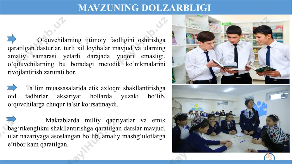 rish, ularni ko‘p madaniyatlilikni targ‘ib qilish orqali ijtimoiy mas’uliyat hissi shakllantiriladi ko’ngillilik harakati faoliyatini rag’batlantirish va maktablarda ijtimoiy loyihalarni kengroq targ’ib qilish lozim. o’quvchilar “inson” ijtimoiy xizmatlar markazlari tomonidan yo’lga qo’yiladigan ijtimoiy himoya loyihalariga ko’proq jalb qilinishi lozim. 2 yurtimizda maktab o’quvchilarida “etnik moslashuv”, “culture shock” yo’nalishlariga moslashuv bo’yicha maktablardagi o’quv dasturlarida bo’shliqlar mavjud. germaniya demokratik qadriyatlar asosida tarbiya berish, bo‘yicha integratsiya dasturlari hamda o‘quvchilarning ijtimoiy loyihalarda ishtirok etishini qo‘llab-quvvatlash muhim ahamiyat kasb etadi. ushbu yo’nalishdagi bo’shliqlarni yo’qotish uchun o’quv dasturlarini yanada takomillashtirish lozim. maktablarda turli millatlar madaniyati, urf-odatlari va tillarini o’rganish bo’yicha maxsus dasturlar ishlab chiqishi, bag’rikenglik va millatlararo muloqot ko’nikmalari rivojlanishiga e’tibor berish kerak. 3 o’zbekistonda dunyo bo’yicha yagona bo’lgan mahalla institutlarining o’quvchilarda ijtimoy faollik va etik axloqni shakllanishida o’rni juda katta ahamiyatga ega. yaponiya ta’lim tizimi o‘quvchilarda intizom, jamoaviy hamkorlik va milliy qadriyatlarga hurmat hissini shakllantirishga katta e’tibor qaratadi. maktab direktori va pedagoglar jamoasi huquqiy-meyoriy hujjatlarda aniq …