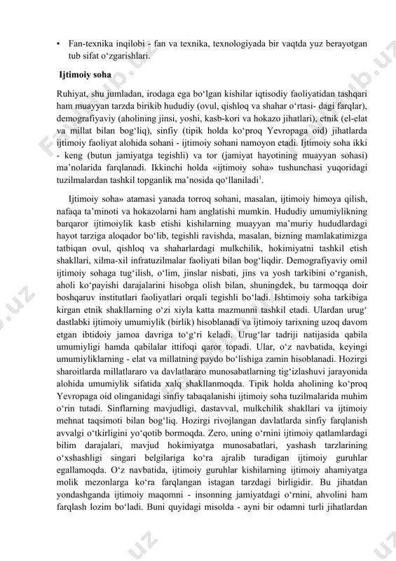 chiqqan. bu esa o‘z navbatida ishlab chiqarishning texnologiyaviy va tashkiliy jihatlarini kuchaytirmasligi mumkin emas edi. ishlab chiqarishda fan va amaliyot texnologiya talablari asosida ta’sir etuvchi usul - bu texnologiyadir. ushbu ta’sir muayyan texnika (lotinchada «texnika», «mahorat», «san’at» ma’nolarini anglatadi) yordamida amalga oshiriladi. ishlab chiqarishning tashkiliy jihatlari - bu mehnat faoliyatini turli ko‘rinishlarda yo‘lga qo‘yish, uning texnologiyaviy, tarmoq, hududiy taqsimlanishi, mehnatning ixtisoslanishi, shirkatchilik va hokazolarni ifodalaydi. texnika taraqqiyoti fandagi chuqur fan-texnika o‘zgarishlarsiz yuz bermaydi. hozir esa bu o‘zgarishlar bir vaqtning o‘zida yuz beribgina qolmay, balki sifat xusu- siyatlariga ham ega bo‘lgani uchun fan-texnika inqilobi (fti) deb atalmoqda. namoyon bo‘lishiga ko‘ra fti o‘zining hozirgi bosqichida mikroelektronika, biotexnologiyaning rivojlanishi, yalpi kompyuterlashtirish va hokazolardan iborat bo‘lmoqda. ishlab chiqarishni tashkiliy-iqtisodiy va ijtimoiy-iqtisodiy munosabatlarsiz tasavvur qilib bo‘lmaydi. bulardan birinchisi ishlab chiqarishni tashkil etish jarayonida kelib chiqadigan munosabatlarni ifodalasa, ikkinchisi mulk munosabatlarini aks ettiradi. mulk tushunchasi inson o‘ziga tegishli bo‘lgan narsalar, shu jumladan, o‘zining hayotini, jismoniy va …