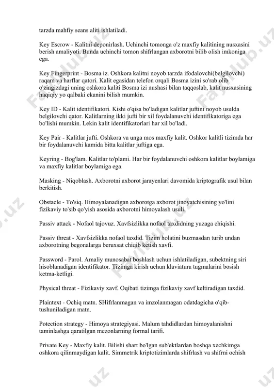 or axborot jarayonini amalga oshiruvchi sub'ekt (shaxs, tashkilot). information's security - axborotning xavfsizligi. axborotning tasodifiy yo qasddan qilinadigan tahdidlarga qarshi pinxonalikni, butunlikni va qobillikni saqlab qolish xossasi. introducer - vositachi. ochiq kalitlarning o'z egasiga taalluqligiga kafillik berishga vakolatli shaxs yo tashkilot. pgp dasturida vositachilar ularning ochiq kalitiga ma'lum ishonch darajasi taqdim etish orqali tayinlanadilar. intruders (hacker) - axborot jinoyatchisi. axborot xavfsizligini buzgan sub'ekt (shaxs, tashkilot). key - kalit. shifrlash, shifrni ochish, raqamli imzo qo'yish va verifikatsiya(ishonib olish)da ishlatiladigan raqamli kod. kalitlar nosimmetrik kriptotizimlarda juft(oshkora va mahfiy) holda hosil qilinadi va bog'lamlarda saqlanadi. simmetrik kriptotizimlarda faqat bitta(mahfiy) kalit ishlatiladi. aralash kriptotizimlarda kalitlar juftiga qo'shimcha tarzda mahfiy seans aliti ishlatiladi. key escrow - kalitni deponirlash. uchinchi tomonga o'z maxfiy kalitining nusxasini berish amaliyoti. bunda uchinchi tomon shifrlangan axborotni bilib olish imkoniga ega. key fingerprint - bosma iz. oshkora kalitni noyob tarzda ifodalovchi(belgilovchi) raqam va harflar qatori. kalit egasidan telefon orqali bosma izini …