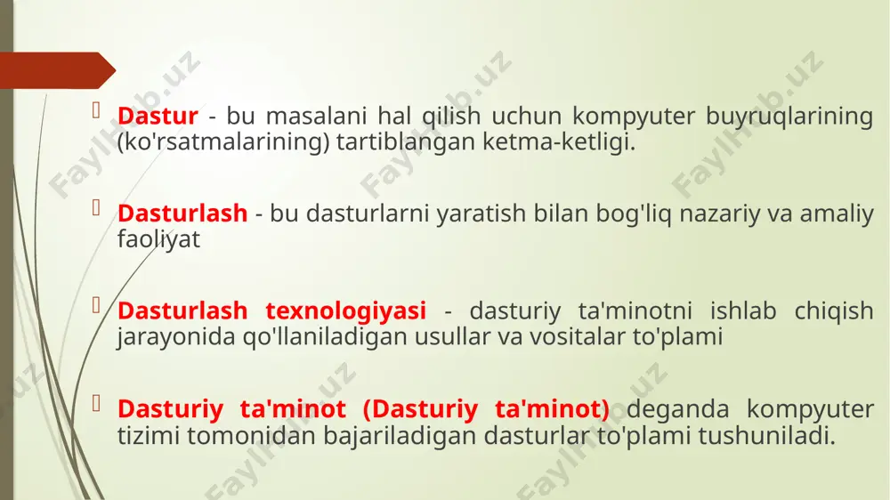 asic. c++, delphi, visual basic, java ... ularga qo'shimcha ravishda matn belgilash tillari yoki web-dasturlash tillari mavjud, masalan, php, html, asp, java script, payton ... translator dasturlash tillarini mashina kodiga va aksincha tarjima qiladi interpretator satrma-satrga tarjima qiladi va bajaradi. kompilyator dasturni toʻliq tarjima qiladi va bajaradi . tizim dasturlari amaliy dasturlar bilan birgalikda bajariladi va kompyuter resurslarini - markaziy protsessorni, xotirani, kiritish-chiqarishni boshqarish uchun xizmat qiladi. bular barcha kompyuter foydalanuvchilari uchun mo'ljallangan umumiy foydalanish dasturlari. tizimli dasturiy ta'minot kompyuterning amaliy dasturlarni samarali ishlashini ta'minlash uchun mo'ljallangan. tizim dasturlariga quyidagilar kiradi: nazorat qilish, sinovdan o'tkazish va diagnostika dasturlari , ular kompyuter qurilmalarining to'g'ri ishlashini tekshirish va ish paytida nosozliklarni aniqlash uchun ishlatiladi; nosozlik sababini va joyini ko'rsating; bios ( asosiy kirish-chiqish tizimi) operatsion tizimning kiritish-chiqarish qurilmalarini, operativ xotirani va boshqalarni boshqarish qobiliyatini kengaytiradigan drayverlar dasturlari ; drayverlar yordamida kompyuterga yangi qurilmalarni ulash yoki mavjudlaridan nostandart foydalanish mumkin; utilitlar(lot. utilitas - …