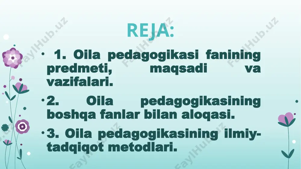 yutuqlaridan unumli foydalanish; - ilg‘or oilalardagi muovaffaqiyatli ish uslublarini o‘rganish; - рedagog mutaxassislar bilan hamkorlikgini o‘rnatish; - inson tarbiyasiga doir muammolarni hal qilish doimiy va hayotiy izlanishlarni talab etadi. oilada ota-ona aniq maqsad qo‘yib, o‘z ustida ishlash, izlanish, tanlangan vosita va usullarni qo‘llash natijasini ko‘ra bilishi, tarbiyachilik san’atiga ega bo‘lishi lozim. ta’lim–tarbiyaning zamonaviy talab darajasiga va tarbiya qonuniyatlariga amal qiladi; oilada beriladigan tarbiya mazmuni; oilada farzand tarbiyasida qo‘llanadigan usul va vositalar; insoniyatning ma’naviy rivojlanishi bilan oilada farzand tarbiyasining uyg‘unligi; oilada farzand tarbiyasidagi mahorat va madaniyatga amal qilish. oila pedagogikasining predmeti: 2. oila pedagogikasining boshqa fanlar bilan aloqasi 11 “oila pedagogikasi” fanining boshqa fanlar bilan o‘zaro aloqadorligi yoritib bering. o‘z mohiyati, amaliy ahamiyatiga ko‘ra “oila pedagogikasi” fani ijtimoiy fanlar sirasiga kiradi. shunga ko‘ra u boshqa ijtimoiy-gumanitar fanlar bilan ham o‘zaro bog‘liqlik va aloqadorlikda rivojlanadi. “oila pedagogikasi” fanining rivojiga bevosita ta’sir ko‘rsatuvchi fanlarni ularning yo‘nalishiga ko‘ra quyidagi guruhlarga ajratish mumkin: № fanlar …