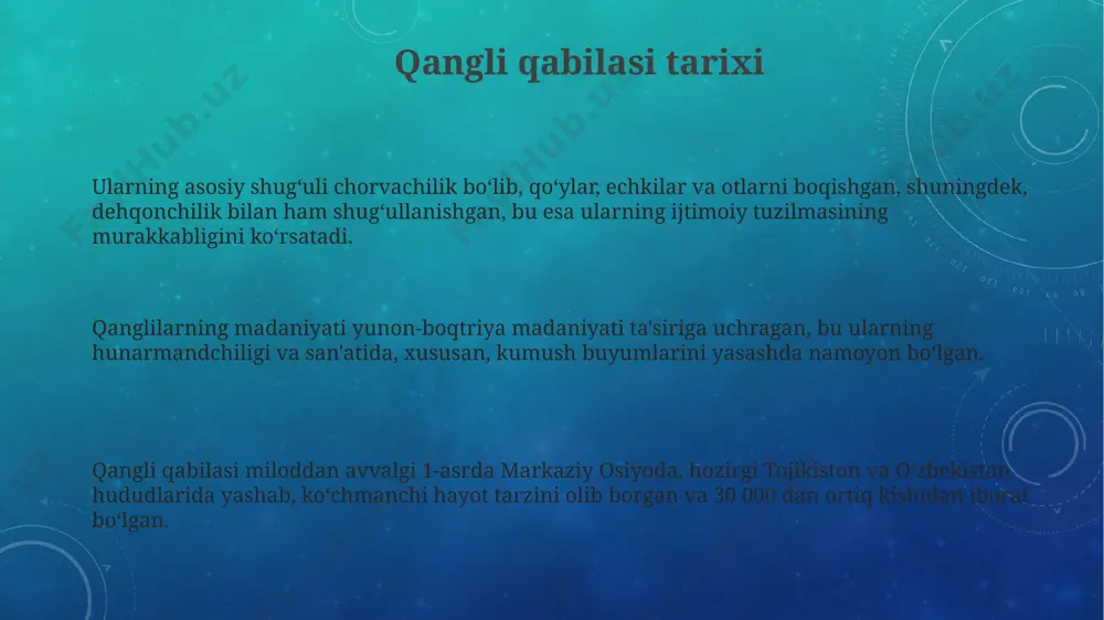 udofaa maqsadida, balandliklarda yoki tabiiy to'siqlar bilan himoyalangan joylarda qurilgan. arxeologik qazishmalar natijasida topilgan 100 dan ortiq qangli aholi punktlarining izlari, ularning yashash joylarining zichligi va keng tarqalganligini ko'rsatadi. qanglilarning iqtisodiyoti qanglilar o'rtasida o'zaro savdo, asosan, barter tizimi orqali amalga oshirilib, pul mablag'laridan foydalanish darajasi 20% dan kam. hunarmandchilik, ayniqsa, to'qimachilik va kulolchilik, qanglilarning yillik yalpi ichki mahsulotining (yaim) 15% ga yaqinini tashkil etadi. qanglilarning iqtisodiyoti, asosan, dehqonchilik va chorvachilikka asoslangan bo'lib, taxminan 70% aholisi qishloq xo'jaligida band bo'lgan. qanglilarning ijtimoiy tuzilishi qangli jamiyatida oqsoqollar kengashi muhim rol o'ynab, qabila masalalari bo'yicha qarorlarni qabul qilishda 7-15 nafar oqsoqol ishtirok etgan. qanglilarning ijtimoiy tuzilishi patriarxal bo'lib, katta oilalar va qabila urug'lariga bo'lingan, har bir urug' 5-10 ta katta oiladan iborat edi. urush paytida qanglilarning harbiy tashkiloti 100-500 kishilik otryadlardan tashkil topgan bo'lib, har bir otryad o'z urug'idan yoki katta oilasidan yig'ilgan. qanglilarning san'ati qanglilarning devoriy rasmlari, taxminan 3000 yil avval yaratilgan, …