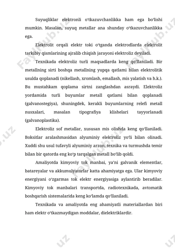 bo‘luvchi nobudliklar faqat lens-joul qonuniga bog‘liq bo‘ladi. dielektrikka o‘zgaruvchan kuchlanish ta’sir etsa, unda qo‘shimcha nobudliklar ham bo‘ladi. bunday energiya nobudligi dielektrik gisterezisidir. bu nobudlik quyidagi formula bilan aniqlanadi: (1) bu yerda k – material xususiyatiga bog‘liq bo‘lgan koeffitsiyent; f – o‘zgaruvchan tok chastotasi; e – elektr maydonining kuchlanganligi. (1) formulasi bo‘yicha dielektrik gisterezis nobudligi chastota oshgan sari ko‘payadi. yuqori chastotali o‘zgaruvchan kuchlanishlarda, dielektrik isitish texnikasi va boshqalarda uning hosil qiladigan nobudliklari juda katta ahamiyatga ega bo‘ladi. elektr energiyasi hosil qilish, yuborish va iste’mol etishda elektr o‘tkazuvchi qismlar orqali o‘tgan tok tarqalib ketmasligi uchun o‘tkazgichlar bir-biridan maxsus materiallar vositasida ajratiladi. bular elektr izolyatsion materiallar deb ataladi. elektr izolyatsion materiallar qanday kuchlanishlarga bardosh berishiga qarab yuqori kuchlanish texnikasi va past kuchlanish texnikasi materiallariga bo‘linadi. yuqori kuchlanish texnikasi materiallarining elektr pishiqligi yuqori, elektr nobudligi va elektr o‘tkazuvchanligi oz, namga chidamli bo‘lishi shart va ularda elektr nobudligi mumkin qadar kam bo‘lishi lozim. past kuchlanishli …