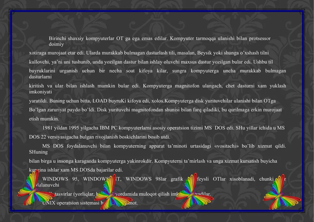 alik unics unix ga aylantirildi. unix operasion sistemasining birinchi foydalanuvchilari bo’lib bell labs patentlangan bo’limi ishchilari edi foydalanuvchi interfeysi. foydalanuvchi bilan unix tizimini aloqasi an’anaviy usul buyruqlar tilida amalga oshadi. (ammo hozirgi davrda grafik interfeyslar ommalashmoqda). foydalanuvchi sistemaga kirgach, u uchun buyruqli interpretatorlardan biri joriy etiladi. odatda tizimda bir-biriga o’xshash, ammo buyruqlar tilining imkoniyatlari bilan farq qiladigan bir necha buyruqli interpretatorlar mavjud bo’ladi. operasion sistema unix ning barcha buyruq interpretatorlarining umumiy nomi-shell (qobiq), chunki interpretator tizim yadrosining tashqi atrofini tashkil etadi. chaqirilgan buyruq interpretatori foydalanuvchiga oddiy buyruq yoki buyruqlar konveyeridan tashkil topgan buyruq qatorini kiritishni taklif etdi. har bir buyruq bajarilib terminal ekraniga chiqarilgach, shell yana buyruq qatorini kiritishni taklif etadi va h.k. ushbu jarayon ishlatuvchi seansini tugatmaguncha, ya’ni logout buyrug’ini kiritgancha yoki ctrlqd ni bosgacha davom etadi. drayverlar. ular ot imkoniyatlarini kengaytiradi. jumladan, kompyuterning kiritish — chiqarish qurilmalari (klaviatura, sichqoncha, printerlar va boshqalar)ni boshqarishda yordam beradi. drayverlar yordamida kompyuterga …