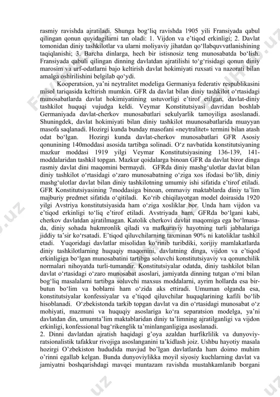 qlangan eron islom respublikasining konstitutsiyasida aytilishicha, «eronda 12 ta imomlarning mavjudligini nazarda tutuvchi ja’fariya mazhabi rasmiy din sifatida e’tirof etiladi hamda bu qoida abadiy o‘zgarmas bo‘lib qoladi» (12-moddа). «barcha fuqarolik, moliyaviy, iqtisodiy, ma’muriy, madaniy, harbiy, siyosiy va boshqa qonun-qoidalar islom normalari asosida belgilanishi lozim» (4-moddа). qirol bir vaqtning o‘zida hukumat rahbari, oliy bosh qo‘mondon va diniy rahbar sifatida namoyon bo‘ladigan, mutlaq teokratik monarxiyaga saudiya arbistonini misol qilib keltirsa bo‘ladi. bu mamlakat konstitutsiyada qur’oni karim va payg‘ambar alayhis-salom sunnatlari har qanday normadan ustun ekani e’tirof etilgan. saudiya arabistonida mahalliy aholi to‘liq islom diniga e’tiqod qiladi. shuningdek, makka va madina shaharlariga islomdan boshqa dinga e’tiqod qiluvchi shaxsning kirishi taqiqlanadi. qirollikda sud hokimiyati asosan shariat sudlari tomonidan qur’on ko‘rsatmalariga amal qilgan holda amalga oshiriladi. isroilda esa yahudiylik davlat dini bo‘lib, bu mamlakatda din davlat mexanizmining bir qismi sifatida o‘z aksini topgan. mamlakatda yagona konstitutsiya mavjud bo‘lmay, uning o‘rniga knesset tomonidan qabul qilinadigan qonunlar …