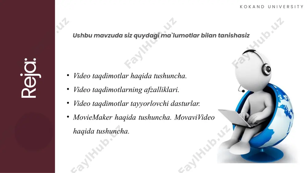 rafikasi elementlari ekranda nima sodir bo‘layotganligini tushuntirib beradigan alohida yozilgan ekranli ovoz mijozlar video taqdimotni tomosha qilgandan keyin tovarlar yaxshiroq sotiladi. katta plazma televizorlari savdo markazlarida osib qo‘yilishi bejiz emas, ularda u yoki bu mahsulotni reklama qiluvchi roliklar ketma-ket taqdim etiladi. statistikaga ko‘ra! videotaqdimot tayyorlash uchun e’tbior qaratish lozim bo’lgan foydali funksiyalar: 01 02 03 04 05 06 bulutli saqlashning mavjudligi. yuklab olishlar soni bo'yicha hech qanday cheklovlar mavjud bo’lmasligi. bir nechta taqdimotlarda xizmatni baholash uchun sinov muddati. har qanday qurilmadan ishlashingiz uchun mobil versiya. agar dasturiy ta'minotni kompyuteringizga o'rnatolmasangiz, bulutli versiyasini mavjudligi. taqdimot fayllarini suv belgisisiz yuklab olish imkoniyati. taqdimotning eng qiyin turi, chunki bunda videorolik yaratishni talab qiladi. bu yerda servis faqat yordamchi vositadir. video taqdimotlar turlari bu oddiy belgilar va tasvirlardan foydalangan holda, ma’lumotni vizualizatsiya qilish jarayoni. skraybing jonli videoni suratga olish animatsiyali 3d animatsiya mahsulotni, uning ishlashini yoki ichki jarayonlarning xususiyatlarini ko‘rsatishi mumkin; animatsion video taqdimot …