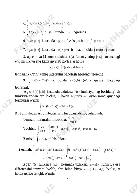 b a b a  bu formuladan aniq integrallarni hisoblashda foydalaniladi. 1-misol. integralni hisoblang.  2 ln e e xx dx yechish.       2lnlnlnlnlnlnln ln ln ln 2 2 22   eex x xd xx dx e e e e e e 2-misol.  2 0 3sin  xdx ni hisoblang. yechish.       2 0 2 0 2 2 0 2 2 0 2 2 0 3 cos 3 1 coscoscos1sinsinsin    xxxdxxdxxxdx 3 2 0cos 2 cos 3 1 0cos 2 cos 33               . agar  xf funksiya  ba, kesmada uzluksiz,  tx  funksiya esa differensiallanuvchi bo‗lib, shu bilan birga      ba , bo‗lsa, u holda ushbu tenglik o‗rinli: 6       …