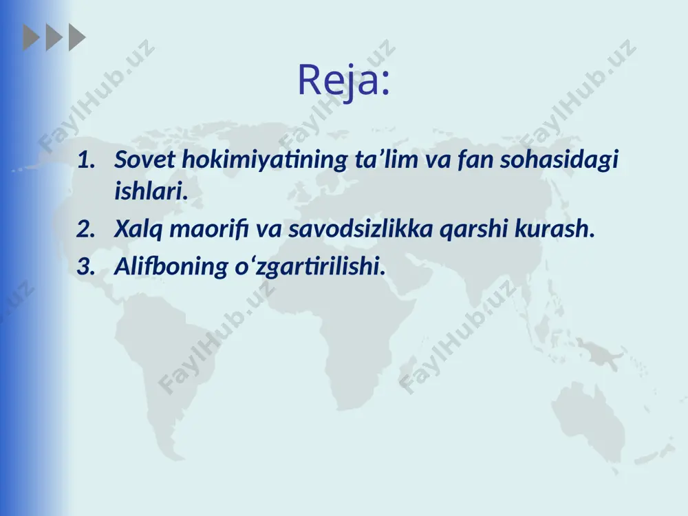 tugatish ishlarini oxiriga yetkazish vazifasi ham turar edi. 1937-yili savodsizlikni tugatish maktablarining soni 413 taga yetdi. alifboning o‘zgartirilishi. sovet hokimiyatining dastlabki o‘n yilliklarida o‘zbekistonda imlo 3 marta o‘zgartirildi. ma’lumki, islom dini mintaqaga kirib kelgach, asrlar davomida yurtimizda yaratilgan asarlar arab alifbosidagi eski o‘zbek tilida yozilgan edi. ahmad yassaviy, sakkokiy, lutfiy, alisher navoiy, bobur singari mashhur shoirlar 500 – 800 yillar oldin o‘zbek tilida, biroq arab imlosida o‘z asarlarini yozganlar. 1929-yil may oyida samarqandda o‘tgan o‘zbekiston adiblari, imlochilari va yetakchi ziyolilari konferensiyasida o‘zbek yozuvini arab grafikasidan lotin grafikasiga o‘tkazish haqida qaror qabul qilindi. yangi turdagi o‘zbek adabiyoti va milliy san’atining taraqqiyoti. ijtimoiy hayotda shiddatli ziddiyatlar hukm surgan bu murakkab davrda adabiyot va san’at milliylik, insonparvarlik, xalqchilik kabi tamoyillarga sodiqligini saqlab qoldi. o‘zbek yozuvchi va shoirlaridan fitrat, cho‘lpon, abdulla qodiriy, sadriddiy ayniy, hamza va boshqalar o‘z asarlari bilan milliy qadriyatlarni saqlash va himoya qilishga urindilar. o‘zbek milliy musiqasini rivojlantirishda o‘zbek kompozitorlaridan to‘xtasin …