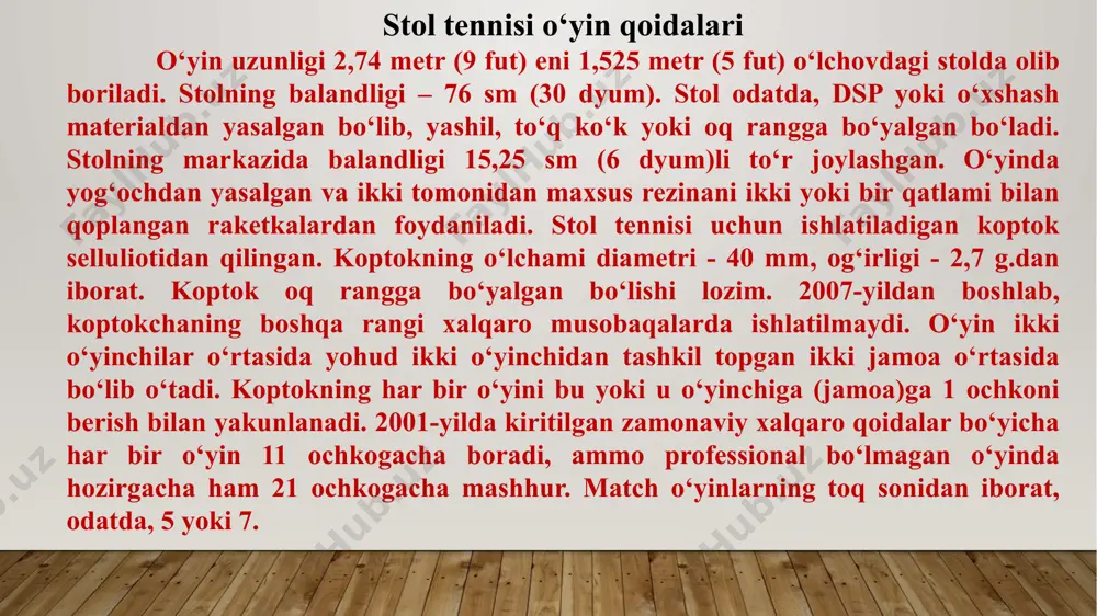 lab chiqilgan yangi koptokni qabul qilinishi haqida xabar qildi. yangi koptok “40+” belgisi bilan qayd etilgan bo‘lib, uning diametri 40 mm.dan biroz kattaroqdir. yangi koptok 2014-yil 1-iyuldan boshlab rasmiy jahon musobaqalari uchun majburiy bo‘ldi. mazkur musobaqa tashkilot­chilarining qaroriga ko‘ra, ham plasmassa, ham selluloid koptogi bilan o‘tkazilishi mumkin. plastik koptokni kiritilishi havazkor sport­chilarda bir qator noroziligiga sabab bo‘ldi, chunki yangi koptokning birinchi namunalari tez sinadigan va narxi ham qimmat edi. 2014-yilning yozida stol tennisi uchun ikki rangli oq-sabzi rangli koptok kiritilishi haqidagi ma’lumotlar paydo bo‘ldi. ilk bor bu koptok rasmiy tarzda 2014-yilning avgust oyida xitoy super ligasida sinovdan o‘tdi. 2014-yilning oktyabr oyida ikki rangli koptok osiyo yulduzlariga qarshi yevropa yulduzlari matchida ishlatildi. 2015- yilning mayida ittf bosh assambleyasi barcha rasmiy musoba­qa­larda ikki rangli koptokni ishlatish haqidagi qarorni qabul qilishi lozim edi, ammo 2016-yilning boshiga kelib ham bunday koptoklarni ishlatish bo‘yicha rejalar haqida hech qanday ma’lumotlar yo‘q. raketka o‘yinda asosi yog‘ochdan qilingan …