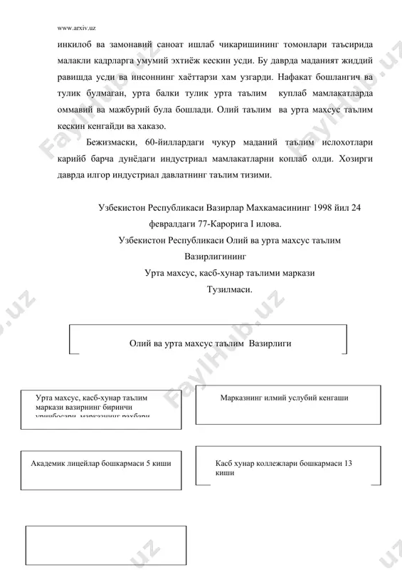 хунар таълими беради: укувчиларнинг касб хунарга мойиллиги, билим ва куникмаларини чукур ривожлантириш, танлаб олинган касб хунар буйича бир ёки бир неча ихтисосни эгаллаш имконини беради. касб хунар коллежлари жихозланганлиги даражаси, педагогик таркибнинг жонланганлиги укув жараёнининг ташкил этилиши жихатидан янги тилдаги таълим муассасалари хисобланади. улар бир неча замонавий касб хунарни эгаллаш хамда тегишли укув фанларидан чукур назарий билим олиш имконини беради. академик лицейлар ва касб хунар коллежларида таълим олиш укувчиларга уз билимларини чукурлаштириш ва танланган урта махсус, касб хунар таълими давлат стандартларининг ишлаб чикиш ва жорий этиш: урта махсус касб хунар талими укув муассасалари учун таълим ва касб хунар дастурлари укув услубий мажмуалар ишлаб чикиш: академик лицейларнинг укувчилари мехнат фаолияти куникмаларини эгаллашлари учун ихтисослаштирилган дастурлари ишлаб чикиш ва жорий этиш: касб хунар коллежларида тайёрланадиган мутахассисларга нисбатан ихтисос ва касб хунар «малака талабаларининг руйхатини ишлаб чикиш»: худудларнинг жугрофий ва демографик шарт-шароитларини ва тегишли сохадаги мутахассисларга булган махаллий эхтиёжларини хисобга олган холда урта …