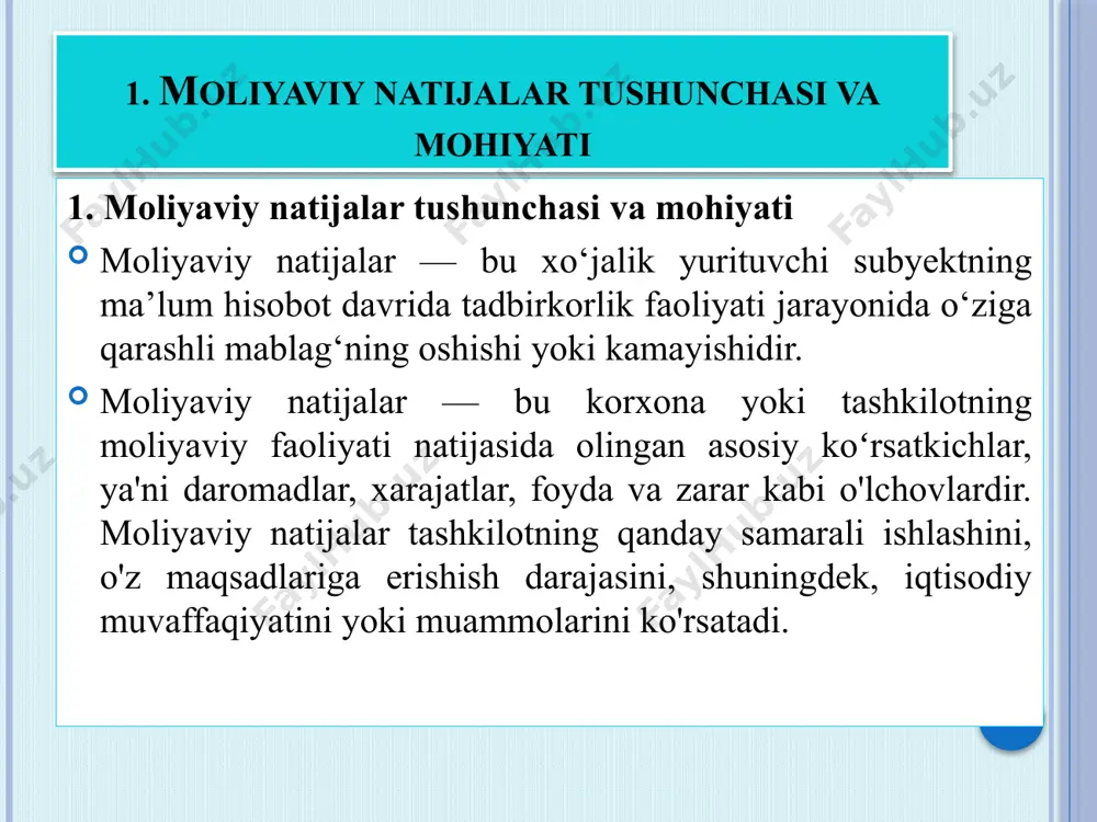 tning moliyaviy natijalari quyidagi foyda ko’rsatkichlari bilan tavsiflanadi: — mahsulotni sotishdan olingan yalpi foyda, bu sotishdan olingan sof tushum bilan sotilgan mahsulotning ishlab chiqarish tannarxi o‘rtasidagi tafovut sifatida aniqlanadi: yaf=sst-it (1) bunda, yaf — yalpi foyda; sst — sotishdan olingan sof tushum; it — sotilgan mahsulotning ishlab chiqarish tannarxi; — asosiy faoliyatdan ko‘rilgan foyda, bu mahsulotni sotishdan olingan yalpi foyda bilan davr xarajatlari o‘rtasidagi tafovut, va plyus asosiy faoliyatdan ko‘rilgan boshqa daromadlar yoki minus boshqa zararlar sifatida aniqlanadi: aff = yaf-dx+bd-bz (2) bunda, aff — asosiy faoliyatdan olingan foyda; dx — davr xarajatlari; bd — asosiy faoliyatdan olingan boshqa daromadlar; bz — asosiy faoliyatdan ko‘rilgan boshqa zararlar; — xo‘jalik faoliyatidan olingan foyda (yoki zarar), bu asosiy faoliyatdan olingan foyda summasi plyus moliyaviy faoliyatdan ko‘rilgan daromadlar va minus zararlar sifatida hisoblab chiqiladi: uf=aff+md-mx (3) bunda, uf — umumxo‘jalik faoliyatidan olingan foyda; md — moliyaviy faoliyatdan olingan daromadlar; mx — moliyaviy faoliyat …