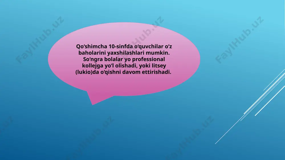 lashtirishdagi umumiy barqaror muammolar bilan bog‘liq. masalan, bu ta'lim olib boriluvchi fin tilini tushunmaslik yoki eslab qolish yo matematik qobiliyatining yaxshi emasligi, yoxud ba'zi bolalarning asotsial xatti-harakatlari bilan bog‘liq bo‘lishi mumkin. korrektsion ta'lim kichik guruhlarda yoki individual tarzda o‘tkaziladi. korrektsion ta'lim — birinchidan, maktab xodimlari va o‘qituvchilar uchun turli tekshiruvlar yo‘q, o‘quvchilarga ta'lim berishga doir turli uslublarni o‘rgatuvchilar ham yo‘q. mamlakatda ta'lim dasturi yagona, faqat umumiy tavsiyalar bor, xolos. har bir pedagog o‘zi to‘g‘ri deb bilgan uslubni qo‘llaydi. ikkinchidan, bolalarga bo‘lgan ishonch: darslarda o‘quvchi o‘zini qiziqtirgan ish bilan shug‘ullanishi mumkin. masalan, adabiyot darsida o‘quv filmi namoyish etilayotgan bo‘lsa-yu o‘quvchiga buning qizig‘i bo‘lmasa, u kitob o‘qib o‘tirishi mumkin. o‘quvchi o‘zi uchun nima foydali ekanini o‘zi tanlaydi. 4. amaliyot birinchidan, maktab xodimlari va o‘qituvchilar uchun turli tekshiruvlar yo‘q, o‘quvchilarga ta'lim berishga doir turli uslublarni o‘rgatuvchilar ham yo‘q. mamlakatda ta'lim dasturi yagona, faqat umumiy tavsiyalar bor, xolos. har bir pedagog o‘zi to‘g‘ri deb …