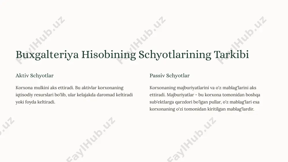 biy elementlari schyot raqami schyotni aniqlash va boshqa schyotlardan farqlash uchun ishlatiladi. schyot nomi schyotning mohiyatini tushunish uchun ishlatiladi. debet balansi schyotning debet tomonidagi qoldiqni ko'rsatadi. kredit balansi schyotning kredit tomonidagi qoldiqni ko'rsatadi. buxgalteriya schyotlarining tuzilishi va belgilari ierarxik tuzilishi schyotlar ierarxik tuzilishga ega bo'lib, sinflarga, guruhlarga va sub-hisoblarga bo'linadi. unikal belgilar har bir schyotga uni aniqlash uchun unikal raqam va nom beriladi. debet va kredit har bir schyot debet va kredit tomonlarga bo'linadi. vaqt intervali schyotlar ma'lum vaqt oralig'ida hisob-kitob qilinadi. buxgalteriya schyotlarining sinflari aktiv schyotlar korxona mulkini aks ettiradi. turli xil aktivlar, masalan, pul mablag'lari, inventarlar, binolar va boshqalar. passiv schyotlar korxonaning majburiyatlarini va o'z mablag'larini aks ettiradi. majburiyatlar va o'z mablag'lari, masalan, qarzdorlik, kapital va boshqalar. natijalar va xulosa buxgalteriya hisobining schyotlari moliyaviy ma'lumotlarni tizimli ravishda to'plash, tahlil qilish va hisobot berish uchun zarur vositadir. bu schyotlarni tushunish va to'g'ri ishlatish korxonaning moliyaviy holati va faoliyatini samarali …
