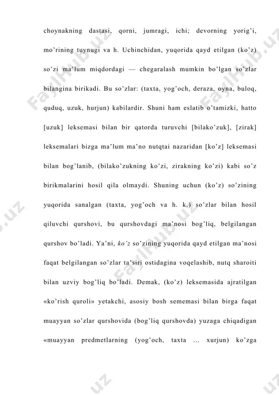 birgalikda erkin qurshovda ishtirok etadi: uning ko’zlari ma’yus boqardi. bola o’ziga tikilgan ko’zlarni ko’rdi. u yugurib kelayotgan odamlarga qaradi. asrora uzoqlarga termilib turib, allanimalarni o’ylardi (s. ahmad). ko’rinib turibdiki, bu misollarda (ko’z) sememasining bosh, yetakchi semasi voqelashgan. (ko’z) leksemasi qator fe’llar bilan bog’liq qurshovlarni tashkil qilib, sememaning boshqa turlarini hosil qiladi. (ko’z) leksemasining fe’lli qurshovlardagi — bog’liq qurshovlardagi semema ko’rinishlari yuqoridagilar bilan chegaralanmaydi. bu leksema bog’liq qurshovlarda yana qator yangi semema turlarini hosil qilishi mumkin. jumladan, (tashlamoq), (solmoq), (tushmoq), (tinmoq) kabi fe’llar bilan kelgan (ko’z) leksemasi sememaning boshqa turlarini: «nazar», «nigoh», «qarash» ma’nosini voqelantiradi: (yigitning ko’zi yonidagi qizga tushdi). (ko’z) leksemasi (-dan) chiqish kelishigi va uzoqlashmoq, yiroqlashmoq, chetda bo’lmoq, yo’qolmoq. kabi fe’llar bilan birikib, yangi ma’no turini kashf etadi. qiyoslang: (otliq ko’zdan yiroqlashdi). bunday bog’liq qurshovda (ko’z) so’zi «nazari ilg’ay oladigan joy» ma’no turini ifoda etgan (ko’z) leksemasining yuqorida qayd etilgan har ikkala yangi ma’no turi: («nazar, nigoh, qarash», «nazari …