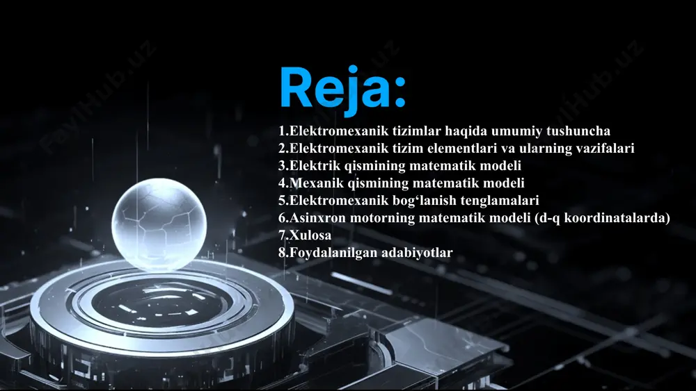 idir. reduktorlarning modeli reduktorlarning modeli, ularning aylanma harakatni o'zgartirish xususiyatini ifodalash uchun ishlatiladi. reduktorlar, aylanma tezlikni oshirishi yoki kamaytirishi mumkin. prujinaning matematik modeli quyidagi tenglama bilan ifodalanadi: f = kx bu erda: f - kuch, k - elastiklik koeffitsienti, x - deformatsiya. 4. mexanik qismining matematik modeli nyutonning ikkinchi qonuniga asosan: j·(dω/dt) = tₑ - tᵧ bu yerda: j — inersiya momenti, kg·m² ω — burchak tezlik, rad/s tₑ — elektromagnit moment, n·m tᵧ — yuklama momenti, n·m ishqalanish bo‘lsa: j·(dω/dt) = tₑ - tᵧ - b·ω bu yerda b — viskoz ishqalanish koeffitsiyenti. 5. elektromexanik bog‘lanish tenglamalari 1 elektrik va mexanik komponentlar o'rtasidagi bog'lanish tenglamalari elektrik va mexanik komponentlar o'rtasidagi bog'lanish, kuch va momentning bog'lanishi orqali ifodalanadi. elektrik tok, mexanik momentni hosil qiladi. mexanik harakat esa, elektrik kuchlanishni hosil qiladi. 2 kuch va momentning bog'lanishi kuch va momentning bog'lanishi, motorning mexanik yuk bilan bog'lanishida muhim rol o'ynaydi. motorning momenti, …