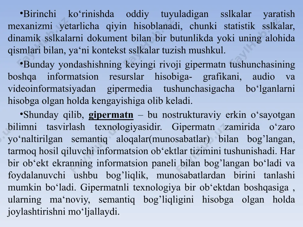 iversal dasturlashtirish tillaridagi “begin/end” skobka(halqa)lari tushunchasiga yaqin. taglar hujjatning matnli elemetlari talqin etilishi qoidalarining amal qilish doirasini aniqlab beradi. bunga misol qilib italic stil(uslub)ining “teg”ini keltirishimiz mumkin. html tilidagi matn :“italic” so‘zidagi matn kursivi kabi tasvirlanadi. yuqoridagi misolda kursiv bilan ajratib olinishi kerak bo‘lgan matn elementi “italic” stil(uslub)ining boshlanishi tegi - bilan stilning oxiri tegi - orasida ifodalangan. html formatda matnli element tuzishning umumiy sxemasi chizmasi quyidagicha yozilishi mumkin: “element” := elementning mazmuni elementning mazmunidan oldingi tuzilish elementning boshlanishi tegi bo‘lib, element mazmunidan keyin joylashgan tuzilish – elementning oxiri tegi bo‘lib hisoblanadi. gipermatnli tarmoq tuzilmasi gipermatnli sslkalar bilan beriladi. gipermatnli sslka- bu boshqa html hujjatning adresi bo‘lib, o‘sha adres mantiqiy, mavzusi bilan yoki qaysidir boshqa yo‘l bilan sslka mavjud hujjat bilan bog’liq bo‘ladi. www tizimida gipermatnli sslkalarni yozish uchun universe resource locator deb nomlanuvchi maxsus forma ishlab chiqilgan edi. url adres internetga murojaat qilishning eng oddiy va qulay usuli bo‘lib, …