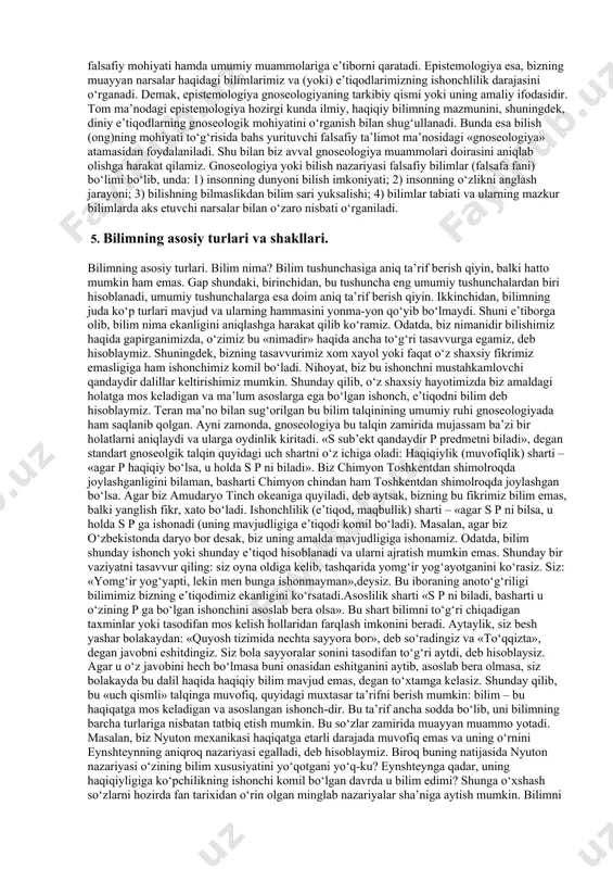 ar qanday shakli kabi manolarni anglatadi. metodologiya esa metod to‘g‘risidagi talimot bo‘lib, u nazariy bilimlar va amaliy faoliyat tamoyillarini, usullarini o‘rgatadi. u malum tizim to‘g‘risidagi talimotdir. har bir fan turli sohalar dunyoning u yoki bu tomonini o‘rganar ekan, uning o‘ziga xos tekshirish obekti mavjud. mana shunga muvofiq har bir soha o‘zining obektini o‘rganish uchun turli metodlar ishlab chiqadi va uning yordamida o‘sha o‘rganishni yaxshilaydi va takomillashtiradi. jumladan, tilshunoslikni o‘rganish metodi bilan, biiologiya metodi yoki matematikatini o‘rganish metodi bir- biridan farqlanadi. metod u yoki bu shaklda malum qoida, tartib, usul, harakat va bilim mezonlarining yig‘indisi hamdir. u tamoyillar va talablar tizimi bo‘lib, subektni aniq vazifani bajarishga, faoliyatning shu sohada malum natijalarga erishish sari yo‘naltiradi. u haqiqatni izlashda vaqt, kuchni tejaydi, maqsadga eng yaqin va oson yo‘l bilan etishishga yordam beradi. eng qadimgi va keng tarqalgan falsafiy metodlardan biri dialektika bo‘lsa, ikkinchisi metafizikadir. bulardan tashqari sofistika, eklektika, analitik, intiutiv, fenomenologik, sinergetik, germenevtik …