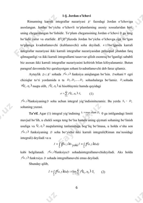 ‘nalishida orientirlangan) vektor maydon oqimi shu sirt bilan chegaralangan hajm bo‘yicha maydon divergensiyasidan olingan uch karrali integralga teng. divergensiyani hisoblashda quyidagi xossalardan foydalaniladi: bu yerda skalyar maydonni aniqlovchi funksiya birinchi tur egri chiziqli integrallar oddiy aniq integrallarning qanday umumlashtirilishi bo`lsa, birinchi tur sirt integrallari ham ikki karrali integrallarining shunday tabiiy umumlashtirilishidir. bizga bo`lakli silliq kontur bilan chegaralangan ikki tomonli silliq (yoki bo`lakli silliq) sirt berilgan bo`lib, funksiya shu sirtda aniqlangan bo`lsin. (s) sirtni tarzda o`tkazilgan egri chiziqlar to`ri yordamida qismlarga ajratamiz. ning yuzasini deb belgilaymiz .har bir da nuqta olib integral yig`indini tuzamiz va deb belgilaymiz. ta’rif. agar mavjud va chekli bo`lib, i ning qiymati (s) sirtning bo`linish usuli hamda nuqtalarning tanlanishiga bog`liq bo`lmasa, u holda i ga funksiyadan (s) sirt bo`yicha olingan 1-tur sirt integralideyiladi va kabi belgilanadi. teorema. agar sirt ushbu ko`rinishda berilgan bo`lib, va bo`lsa, u holda bo`ladi. bo`lib, bo`lakli silliq egri chiziq va ning tekisligiga proyeksiyasi …