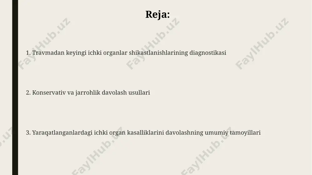 qur, teshiluvchi) bo'linadi. ichki organlar shikastlanishlarining anatomik lokalizatsiyasi (masalan, ko'krak qafasi organlari, qorin bo'shlig'i organlari, tos a'zolari) ham tasniflashning muhim mezonlaridan biri hisoblanadi. shikastlanish mexanizmi (o'tkir, to'mtoq, penetratsion) va shikastlangan organlar soni (yakka yoki ko'p organli shikastlanishlar) asosan tasniflashda hisobga olinadi. konservativ davolash usullari konservativ davolashda suyuqlik va elektrolit muvozanatini tiklash uchun venaga infuziya orqali suyuqliklar, shu jumladan, 0,9% li natriy xlorid eritmasi yuboriladi, bu gipovolemiya holatlarida muhim ahamiyatga ega. ichki organlar shikastlanishida 7-10 kunlik antibiotik terapiyasi, masalan, tsefalosporinlar yoki penitsillinlar guruhi antibiotiklari yiringli asoratlarni oldini olishda samarali. konservativ davolashda og'riqni boshqarish uchun analjeziklar, masalan, 50-100 mg tramadol yoki parasetamol 500-1000 mg dozalarda qo'llanilishi mumkin, bu og'riq intensivligini kamaytiradi. bemorlarni reabilitatsiya qilish og'ir jarohatlardan keyin bemorlarning 30-40%ida psixologik reabilitatsiya talab etiladi, bu esa stressni boshqarish va ruhiy salomatlikni tiklashga qaratilgan maxsus dasturlarni o'z ichiga oladi. bemorlarning 80% gacha bo'lgan qismida fizioterapiya, shu jumladan, elektroforez va magnitoterapiya kabi usullarni qo'llash orqali …