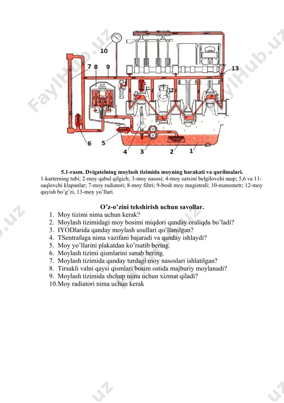 amonaviy avtomobil dvigatellarda asosan varrakli moy nasoslari qo’llanilgan. shuningdek barcha iyodlarda moylash tizimlarida moy radiatorlari mavjud emas. tsilindr va porshen devorlari, porshen barmoqlari, taqsimlash shesternyalari sachratib moylanadi. tirsakli val podshipniklaridan va klapan mexanizmidan chiqayotgan moy tez aylanuvchi tirsakli val vositasida moy tumanini hosil qilib, mayda tomchilar tarzida to’zitiladi. moyda moy tomchilari tsilindrlar, porshenlar, taqsimlash vali qulachoklariga o’tirib, ularni moylab, karter poddoniga oqib tushadi, u yerdan moy yana o’z yo’lini boshlaydi. porshen halqasi shatunning yuqorigi kallagidagi teshikdan sachrab chiqqan mayda moy tomchilari bilan moylanadi. shatun sterjenida moy kanali bo’lgan dvigatellarda porshen halqasi bosim ostida moylanadi. moylash tizimining ishlashi bosh magistraldagi bosim ko’rsatuvchi manometr yordamida tekshiriladi. bundan tashqari, ba’zi dvigatellarga moylash tizimidagi moy xaroratini o’lchovchi termometr va moy bosimini avariya darajasigacha tushganligini ko’rsatib turuvchi datchiklar o’rnatiladi. 5.1-rasm. dvigatelning moylash tizimida moyning harakati va qurilmalari. 1-karterning tubi; 2-moy qabul qilgich; 3-moy nasosi; 4-moy satxini belgilovchi щup; 5,6 va 11-saqlovchi klapanlar; 7-moy radiatori; 8-moy …