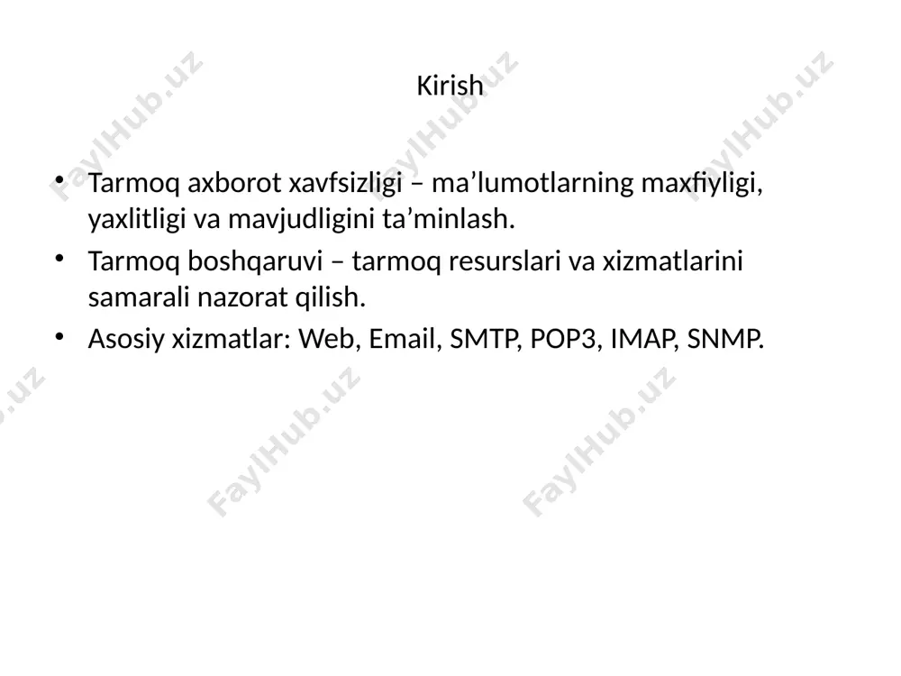 si snmp mib protokol aloqa vositasi snmp snmp protokoli snmp – simple network management protocol. versiya imkoniyatlar qo‘llanilishi snmpv1 asosiy boshqaruv kichik tarmoqlar snmpv2 kengaytirilgan imkoniyatlar o‘rta tarmoqlar snmpv3 xavfsiz boshqaruv korporativ tarmoqlar afzallik va kamchiliklar protokollar turli afzallik va cheklovlarga ega. texnologiya afzalliklari kamchiliklari smtp oddiy, keng qo‘llaniladi spamga moyil pop3 oddiy va tezkor serverda xabar saqlanmaydi imap serverda saqlaydi ko‘proq resurs talab qiladi snmp kuchli boshqaruv vositasi xavfsizlik zaifliklari glossary asosiy atamalar va ularning izohlari. atama izoh smtp simple mail transfer protocol pop3 post office protocol 3 imap internet message access protocol snmp simple network management protocol mib management information base nazorat savollari 1. tarmoq axborot xavfsizligi nimani anglatadi? 2. smtp protokolining vazifasi nima? 3. pop3 va imap o‘rtasidagi asosiy farqlarni tushuntiring. 4. tarmoq boshqaruvi qanday vazifalarni bajaradi? 5. snmp protokolining versiyalari va imkoniyatlarini izohlang. 6. har bir protokolning afzallik va kamchiliklarini sanab bering. xulosa tarmoq axborot xavfsizligi …