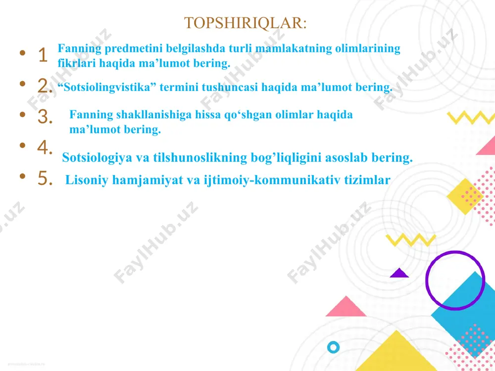 anang. 9.tarixiy jihatdan dialektlar qanday shakllangan? 10.dialektga ta’rif bering va turlarini sanang. 11.”sotsiolekt ”terminini izohlang. 12. sotsiolektlar asosi nimadan tashkil topadi? 13.argo, jargon,slengning o‘ziga xos xususiyatlarini ayting. 14.zamonaviy sotsiolingvistikada koyne qanday tushuniladi? tahlil qiling necha marta aytaman, umid qiz bolalar bilan o`ynamasin, deb! bu-o`g’il bo`lsa… - malikaxon tahdid bilan toshpo`latga qaradi. - hoy, mo`ylov! bolaga qarasang o`lasanmi? uch yuz dollarni bekorga olayapsanmi, to`nka! - uzr, bekam! - dedi toshpo`lat yerga qarab. - ikkinchi takrorlanmaydi! - agar shu bolaning bir joyi tirnalsa, mo`ylovingni uzib qo`lingga tutqazaman, tushundingmi? toshpo`lat "xo`p bo`ladi, bekam, xo`p bo`ladi", deganicha orqasiga tisarilib, zinadan tushib ketdi. … malikaxon baland keldi: - erkak kishiga balo bormi ayollarning ishiga aralashib, a? …malikaxon qo`l siltadi. - ikki xonali "xrushyovka"siga to`rtta tovuq kirsa, nafasi qaytib uchtasi o`lib qolar-u, naqdlab qo`yibdimi sizga?! pensiyasi bir kun kechiksa pochtaxonaning eshigiga borib poylab o`tiradigan otangiz so`lag’mondek qilib boqsinmi, sizni?! keng uyning kuyovchasi bo`lib o`tirganingizga shukr qilsangiz-chi, …