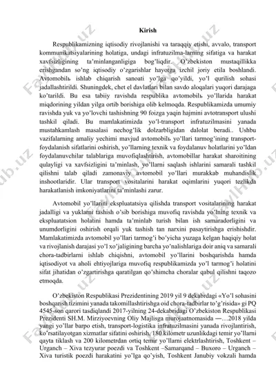 o‘zbekiston avtomobil yo‘llarini rivojlantirish va boshqarish — DOCX