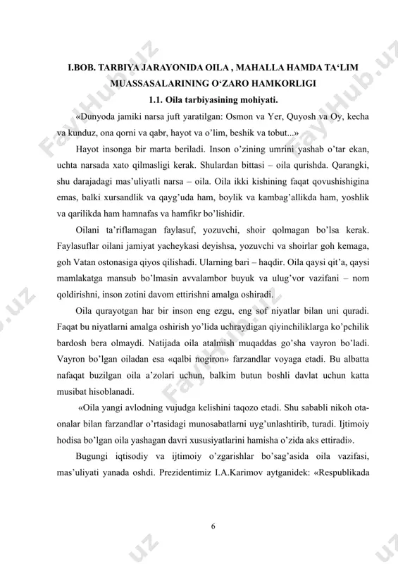 og’i dedik. bu o’choqda barkamol farzandlar pishib etilishi uchun buyuk davlatimiz, havas qilsa arzigulik prezidentimiz, jonkuyar xalqimiz barcha sharoitlarni yaratib bermoqda. bunga javoban biz ham oz bo’lsada o’z hissamizni qo’shishimiz shart deb o’ylaymiz.bunday boylikga ega bo’lganlarni jamoa boy-badavlat ota-ona, boy-badavlat oila deb tan oladi. bunday oila hech qachon xor bo’lmaydi». inqilobdan oldin, uning dastlabki kunlaridayoq sharqona tarbiyaga yuksak baho berilgan edi. «bolaga muhabbat, bolaga diqqat – e’tiborni rusiyaliklar sharq xalqlaridan o’rganishlari kerakligi» e’tirof etilgan edi. bir qancha rus etnograflarining turkiston xalqlari turmush tarzi, oilaviy munosabatlari, an’analari bilan qiziqishlari tarixdan ma’lum. lekin vaqt o’tishi bilan nimagadir milliy qadriyatlarga bid’at va xurofot deb nom berildi. bizda e’tiborga olinmagan kaykovusning «kobusnomasi», yusuf xos hojibning «qutadg’u bilig», ahmad yugnakiyning «hibbatul haqoyiq»i jahonda tan olindi. navoiy bobomiz, munis xorazmiy, abdulla avloniy, hoji abdullo orif, sa’di sheroziy, mirzo bedil, hamzalar o’z asarlarida o’zbek xalqining o’ziga xos xususiyatlarini ochib berishgan. o’zbeklardagi ota–onaga bo’lgan izzat–hurmat, birodarlarga bo’lgan mehr–shafqat, …