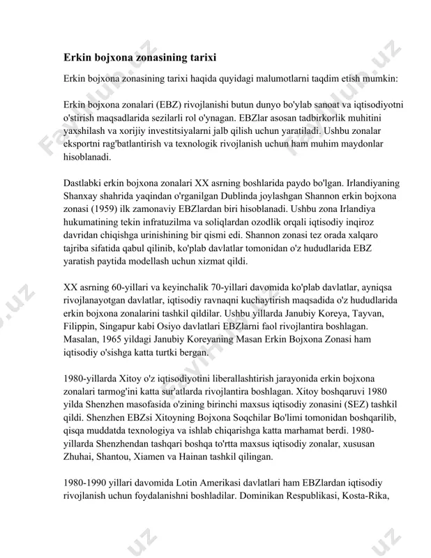 rda shenzhendan tashqari boshqa to'rtta maxsus iqtisodiy zonalar, xususan zhuhai, shantou, xiamen va hainan tashkil qilingan. 1980-1990 yillari davomida lotin amerikasi davlatlari ham ebzlardan iqtisodiy rivojlanish uchun foydalanishni boshladilar. dominikan respublikasi, kosta-rika, kolumbiya kabi davlatlar ebzni qabul qildilar. dominikan respublikasida 1983 yilda 12 ta erkin zona faoliyat ko'rsatib, ular mamlakatda 35 ming ish o'rni yaratishga muvaffaq bo'lgan. bugungi kungacha dunyodagi erkin bojxona zonalari soni anchagina ko'paygan. xalqaro munosabatlar va taraqqiyot jurnalining hisobotiga ko'ra, 2021 yilga kelib, 130 dan ortiq davlat va hududlarda taxminan 5 000 ga yaqin erkin zona mavjud edi. ushbu zonalarda tovarlar ishlab chiqarish, qayta ishlash, qadoqlash va taraqatish bilan shugullanuvchi kompaniyalar faoliyat yuritadi. ebzlar jahon savdo-sotiq aylanmasida muhim rol o'ynaydi, chunki ular xalqaro savdoning 20 foizidan ortig'ini tashkil qiladi. shunga qaramay, ba'zi tanqidchilar erkin bojxona zonalari ishchilik huquqlarini cheklashi va ekologik zarar yetkazishi mumkinligini ta'kidlashadi. shuning uchun ko'plab davlatlar ebzlar uchun yangi qoidalarni belgilab, ijtimoiy va ekologik …