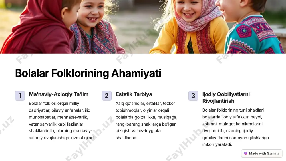 y qo'shiqlar o'zbek xalq qo'shiqlari milliy musiqiy merosning ajralmas qismi bo'lib, ularda xalqimizning qadriyatlari, turmush tarzi, an'ana va urf-odatlari aks ettirilgan. bolalar uchun yaratilgan qo'shiqlar esa ularning estetik tarbiyasida muhim o'rin tutadi. bolalar qo'shiq folklori o'zbek bolalar qo'shiqlarida qahramon va personajlar bilan bog'liq syujetlar, shaxsiy kechinmalar, tabiat manzaralari tarannum etilgan. ularda bolalarning ruhiy-emotsional olami aks ettiriladi. badiiy-ifodaviy xususiyatlari o'zbek xalq qo'shiqlarida go'zal poetik obrazlar, nozik lirik ohanglar, sodda va ta'sirli ifoda uslublari aks etadi. bu esa bolalarning nutq o'stirishiga, xotiralarini boyitishiga zamin yaratadi. https://gamma.app/?utm_source=made-with-gamma o'zbek xalq maqollari amaliy ahamiyat o'zbek xalq maqollari xalqimizning keng qamrovli hayot tajribalarini, donishmandligini, axloqiy-ma'naviy qadriyatlarini o'zida mujassam etadi. ular kundalik hayotda, ta'lim-tarbiya jarayonlarida faol qo'llaniladi. ma'naviy-axloqiy ta'sir maqollar orqali bolalarda mehnatsevarlik, halollik, sabr-toqat, odamiylik, vatanparvarlik kabi fazilatlar tarbiyalanadi. ular bolalarning dunyoqarashini shakllantiradi, ularni yomon odatlardan qaytaradi. aqliy rivojlanish maqollarni yodlash, tahlil qilish, o'z o'rnida qo'llash ko'nikmalarini egallash bolalarning aqliy qobiliyatlarini, nutq madaniyatini, xotira va tafakkurini …