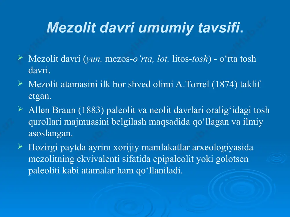 ming yilliklar. zarafshon mezoliti. qoratepa tog‘ining shimoliy tomonidagi adirliklarda joylashgan sazag‘on i, zamichatosh, ohalik makonlari mezolit davri tarixga doir qimmatli ma'lumotlar berdi. samarqand shahridan 27 km. janubiy-g‘arbda, qoratovning tog‘ oldi hududida sazag‘on qishlog‘iga yaqinida joylashgan sazag‘on i makoni so‘nggi mezolit davriga (mil. avv. vii ming yillik) oid madaniy qatlamli muhim yodgorlik hisoblanadi. makondan mikrolit, qirg‘ich sifatida ishlatilgan kichik tosh quroli, o‘q-yoy paykoni, qalamsifat va prizma shaklli nukleuslar, har xil uchrindilar, ushatgich, teshgich va kesuvchi qurollar topib o‘rganilgan. палеолит даврида ўзбекистон ҳудудининг табиий-географик шароити қандай эди? палеолит даври босқичлари ҳақида нима биласиз? селунгур фарғона водийсидаги энг қадимги аждодлар манзилгоҳи эканлигини исботланг. диний тасаввурларнинг илк кўринишлари ҳақида нима биласиз? палеолит даври одамлари қандай меҳнат қуролларидан фойдаланганлар? сўнгги палеолит даврида қандай ёдгорликлар бўлган? илк ва ўрта палеолит даври ёдгорликлари ўртасидаги фарқни аниқланг? милоддан аввалги 12 минг йилликдан 7 минг йилликкача давом қилади. ўқ-ёй ихтиро қилинган балиқчилик вужудга келган қайиқлар ихтиро қилинган тош бигиз …