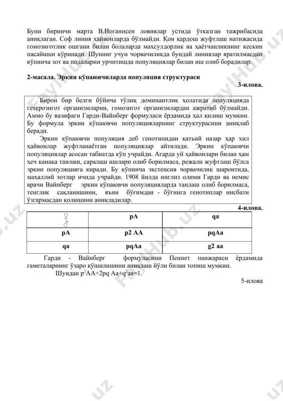 лодлар маҳсулдорлик (ҳосилдорлик) бўйича линиянинг ўртача кўрсаткичига қайтади, яъни регрессия ҳодисаси кузатилади. буни биринчи марта в.иоганнсен ловиялар устида ўтказган тажрибасида аниқлаган. соф линия ҳайвонларда бўлмайди. қон қардош жуфтлаш натижасида гомозиготлик ошгани билан болаларда маҳсулдорлик ва ҳаётчанликнинг кескин пасайиши кўринади. шунинг учун чорвачиликда бундай линиялар яратилмасдан кўпинча зот ва подаларни урчитишда популяциялар билан иш олиб борадилар. 2-масала. эркин кўпаювчиларда популяция структураси 3-илова. бирон бир белги бўйича тўлиқ доминантлик ҳолатида популяцияда гетерозигот организмларни, гомозигот организмлардан ажратиб бўлмайди. аммо бу вазифаги гарди-вайнберг формуласи ёрдамида ҳал қилиш мумкин. бу формула эркин кўпаювчи популяцияларнинг структурасини аниқлаб беради. эркин кўпаювчи популяция деб генотипидан қатьий назар ҳар хил ҳайвонлар жуфтланаётган популяциялар айтилади. эркин кўпаювчи популяциялар асосан табиатда кўп учрайди. агарда уй ҳайвонлари билан ҳам ҳеч қанақа танлаш, саралаш ишлари олиб борилмаса, режали жуфтлаш бўлса эркин популяцияга киради. бу кўпинча экстенсив чорвачилик шароитида, маҳаллий зотлар ичида учрайди. 1908 йилда инглиз олими гарди ва немис врачи вайнберг эркин кўпаювчи …