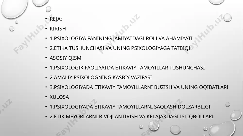 amma uchun mas’uliyatli bo‘lishi zarur. 2. amaliy psixolog o‘z vazifasini sidqidildan bajarishi lozim, u atrofdagilarning so‘zlariga qarab o‘zgarmasligi zarur. 3. psixologning vazifasi mustaqil va avtonom tarkibga ega, u hech kimga bo‘ysunmaydi. uning psixologik nuqtai nazardagi qarori yakuniy natijaga ega bo‘lishi zarur. 4. psixologning qarorini inkor qilish huquqiga faqat maxsus komissiya ega ular yuqori malakali mutaxassislar hisoblanib ularga bunday huquqlar berilgan. 5. psixolog haqqoniy va samimiy bo‘lishi zarur. 6. unda kasbiy mas’uliyat hissi bo‘lishi lozim. 7. psixolog himoyachi sifatida ham ishtirok etishi mumkin, u o‘z mijozlarining psixologik holatlarini himoya qiladi. image2.png image3.png image4.jpeg image5.jpeg image6.jpeg image7.jpeg image8.jpeg image9.jpeg image10.jpeg image11.jpeg image12.jpeg image13.jpeg image14.jpeg image15.jpeg image16.jpeg image17.jpeg image18.jpeg image19.jpeg image20.jpeg image21.jpeg image22.jpeg image23.jpeg image24.jpeg image25.jpeg image26.jpeg image27.jpeg image1.png /docprops/thumbnail.jpeg
