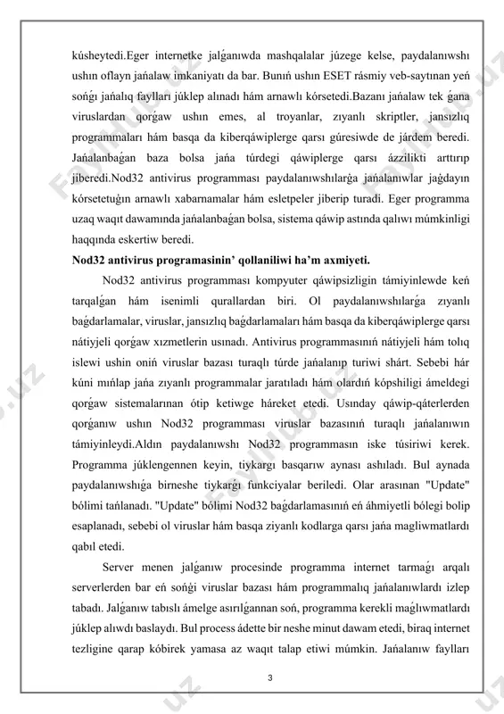 paydalanıwshı nod32 programmasın iske túsiriwi kerek. programma júklengennen keyin, tiykargı basqarıw aynası ashıladı. bul aynada paydalanıwshıǵa birneshe tiykarǵı funkciyalar beriledi. olar arasınan "update" bólimi tańlanadı. "update" bólimi nod32 baǵdarlamasınıń eń áhmiyetli bólegi bolip esaplanadı, sebebi ol viruslar hám basqa ziyanlı kodlarga qarsı jańa magliwmatlardı qabıl etedi. server menen jalǵanıw procesinde programma internet tarmaǵı arqalı serverlerden bar eń sońģi viruslar bazası hám programmalıq jańalanıwlardı izlep tabadı. jalǵanıw tabıslı ámelge asırılǵannan soń, programma kerekli maǵlıwmatlardı júklep alıwdı baslaydı. bul process ádette bir neshe minut dawam etedi, biraq internet tezligine qarap kóbirek yamasa az waqıt talap etiwi múmkin. jańalanıw faylları antivirus programmasınıń maǵlıwmatlar bazasına qosıladı. hár bir jańalanıw jańa virus túrlerin anıqlaw imkaniyatın beredi hám baǵdarlamaǵa zıyanlı háreketti aldınnan kóriw hám saplastırıw qábiletin arttıradı.jańalanıw procesi dawamında programma paydalanıwshını process haqqında xabardar etip turadi. arnawlı progress paneli arqalı júklep alıw hám ornatıw basqıshları kórsetiledi. eger qandayda bir qátelik júz berse, máselen, internet baylanısı úzilse …