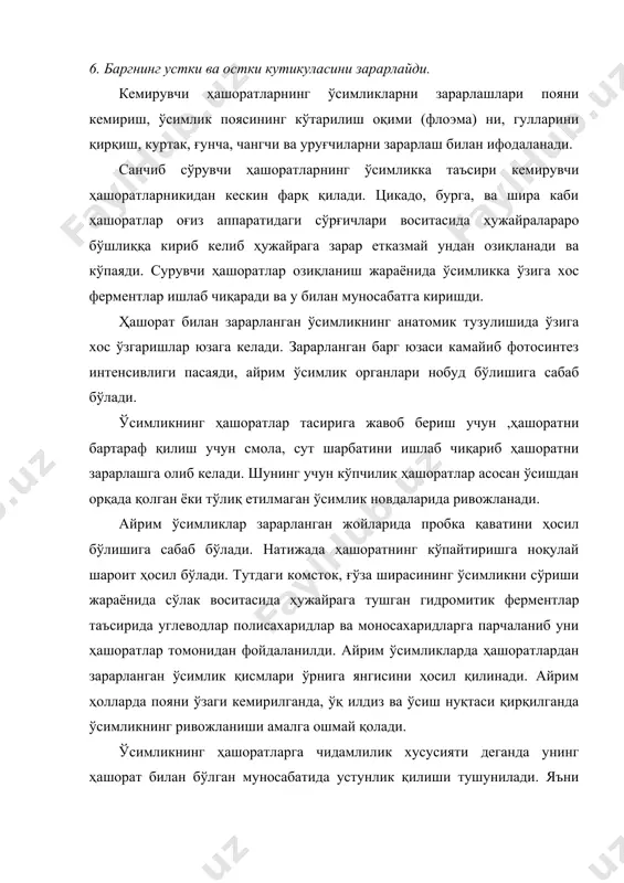 и тушунилади. яъни ўсимликнинг ҳашоратлар зарарланишига карамасдан сифатли ва кўп миқдорда ҳосил бериш қобилияти тушунилади. чидамлилик хусусиятини қуйидаги турларга бўлиш мумкин. 1. ўсимликларнинг ҳашоратларга тўлиқ иммунитети. бундай навларни умуман ҳашоратлар зарарламайди. 2. юксак чидамлилик - ўсимлик ҳашорат билан қисман зарарланиш хусусиятига эга бўлади. 3. паст чидамлилик- ўсимликлар ҳашоратлар билан кам миқдорда зарарланган бўлади. 4. зарарланувчи навларда - ҳосилдорлик миқдори ўртача миқдордан паст бўлади. 5. юқори зарарланувчи навга ҳашорат чексиз миқдорда зарар келтиради. ўсимликларнинг ҳашоратларга иммунитет хусусияти мавжудлиги туфайли ер юзида мавжуд ўсимликлар турларнинг сақланиб қолишига сабаб бўлмоқда. эволюцион тараққиёт давомида ўсимликларда ҳашоратлар таъсирига чидамлилик хусусияти мукамаллашиб борган бўлса, ҳашоратларда эса бу чидамлиликни енгиб боришга ҳаракат қилган. бу курашдаги асосий восита ўсимликларнинг яшаш учун кураши ва ҳашоратларнинг озиқага бўлган талаби ҳисобланади. озиқага бўлган талаб хусусияти мавжудлиги туфайли ҳашоратлар ўзига хос ўсимликларга мослаша борган. натижада маълум турдаги ўсимликни озиқа учун фойдаланишда ўсимликнинг ривожланиш фазасига ҳашорат ўзининг ривожланиш фазасини мослаштириб боришга ҳаракат қилади. …