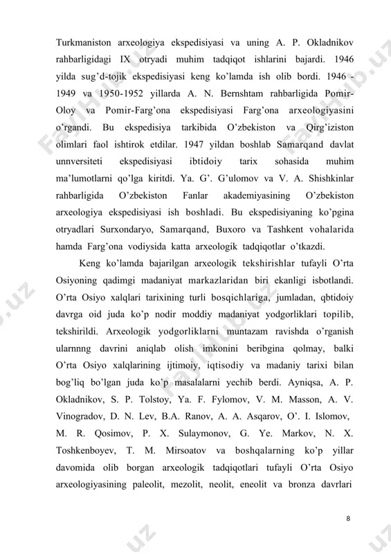 ек узбекистана // наука и жизнь. № 1. 1940б. - с. 52-67. tilidagi ilmiy ishlar, ommabop asarlar va tosh davri arxeologiyasining umumlashgan tarixi ham yozilmagan. shuning oqibatida, o’zbekistonda ibtidoiy tarix bilan keng izlanish borasida, nafaqat xalq ommasi, hatto tarixchilar o’rtasida ham uzilish yuzaga kelgan. ibtidoiy arxeologik terminlarining o’zbek tilidagi izohli lug’atlari ham to’liq ishlab chiqilmagan. ma’lumki, hozirgacha ibtidoiy davr tarixi sohasida gominidlarning paydo bo’lishi va shakllanishi borasida ikki xil ilmiy qarash mavjud. ularni monosentrik va paleosentrik nazariyalarga ajratish mumkin. monosentrizm nazariyasi asoschilari dastlabki odam ajdodlari afrika qit’asida paydo bo’lgan va keyinchalik dunyoning boshqa hududlariga tarqalgan, degan fikrni ilgari suradi. bu nazariya fanda “nuh kemasi” nomi bilan mashhurdir va ushbu fikr tarafdorlari ko’hna qit’adan topilgan va topilayotgan hamda boshqa hududlarda uchramaydigan gominidlarning eng qadimgi tiplari (avstrolopiteklar, xomo xabilislar) qoldiqlariga asoslanadilar. hozirda bu nazariya jahon arxeologiya fanida hukmron g’oya hisoblanadi. paleosentristlar esa, yevroosiyo hududlaridan topilgan ilk paleolit davri yodgorliklarining bir bosqichdan ikkinchisiga …