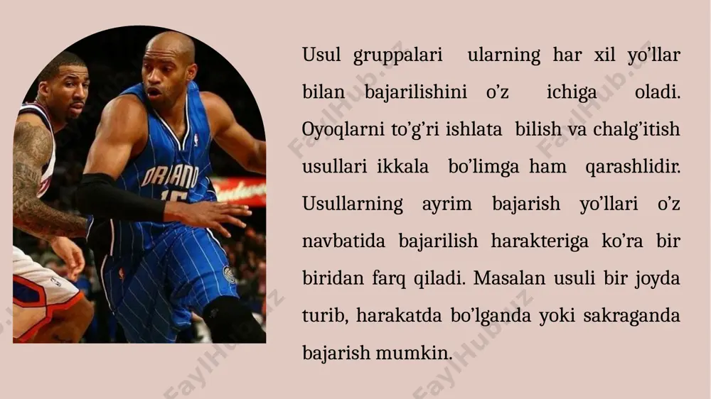 bajariladi. otishlar xarakteriga sakraganda to’plarni savatga bir va ikki qo’llab otish mumkin. xoirgi kunda to’plar savatga himoyachilarning qattiq qarshiligi ostida otiladi. shuning uchun, to’pning savatga aniq borishga oyoqlarning, qo’llarning, ayniqsa, panjalarning to’g’ri ishlashi, aniq mo’ljal olish shu sharoitga mos samarali usulni tanlash shu bilan birga, basketbolchining muvozanat saqlashiga va har xil sharoitda qiyin kordinatsiyali harakatlari bajarish imkoniyatlarini yaratish uchun ma’lum mushak guruhlarini bo’shashtirish qobiliyatlariga ega bo’lish katta ahamiyatga ega. zamonaviy basketbolda to’pni savatga sakraganda bir qo’llab otish shitdan qaytgach to’pni qayta otish, “kryuk” usulida va yuqoridan pastga otish kabi usullar katta ahamiyatga ega. 9 to’pni yerga urib yurish. to’pni bir qo’llab ketma-ket yerga urish to’pni yerga urib yurish deyiladi. bu usul bir joyda turganda, yurganda va asosan, yugurganda bajariladi. bu usul to’pni basketbolchining harakat qilishga qo’llaniladigan asosiy usul hisolanadi. to’pni yerdan har xil: yuqoriroq va pastroq, sapchitib turib yurish mumkin. u qo’lni bukib, to’pni bir oz yuqoriga ko’taradi so’ng uni …
